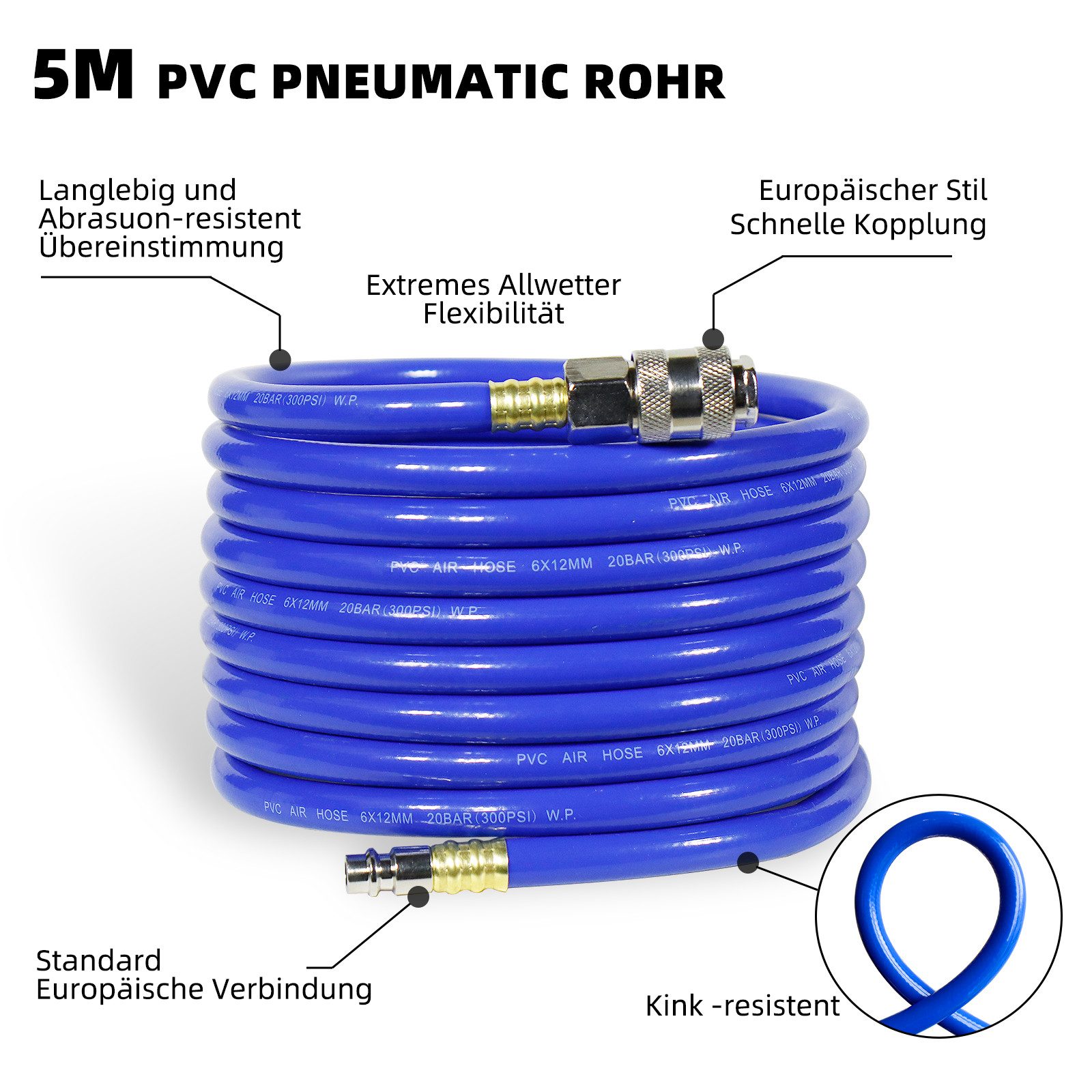CCLIFE Druckluftschlauch Druckluft Spiralschlauch 5M für Kompressor Kompressorschlauch