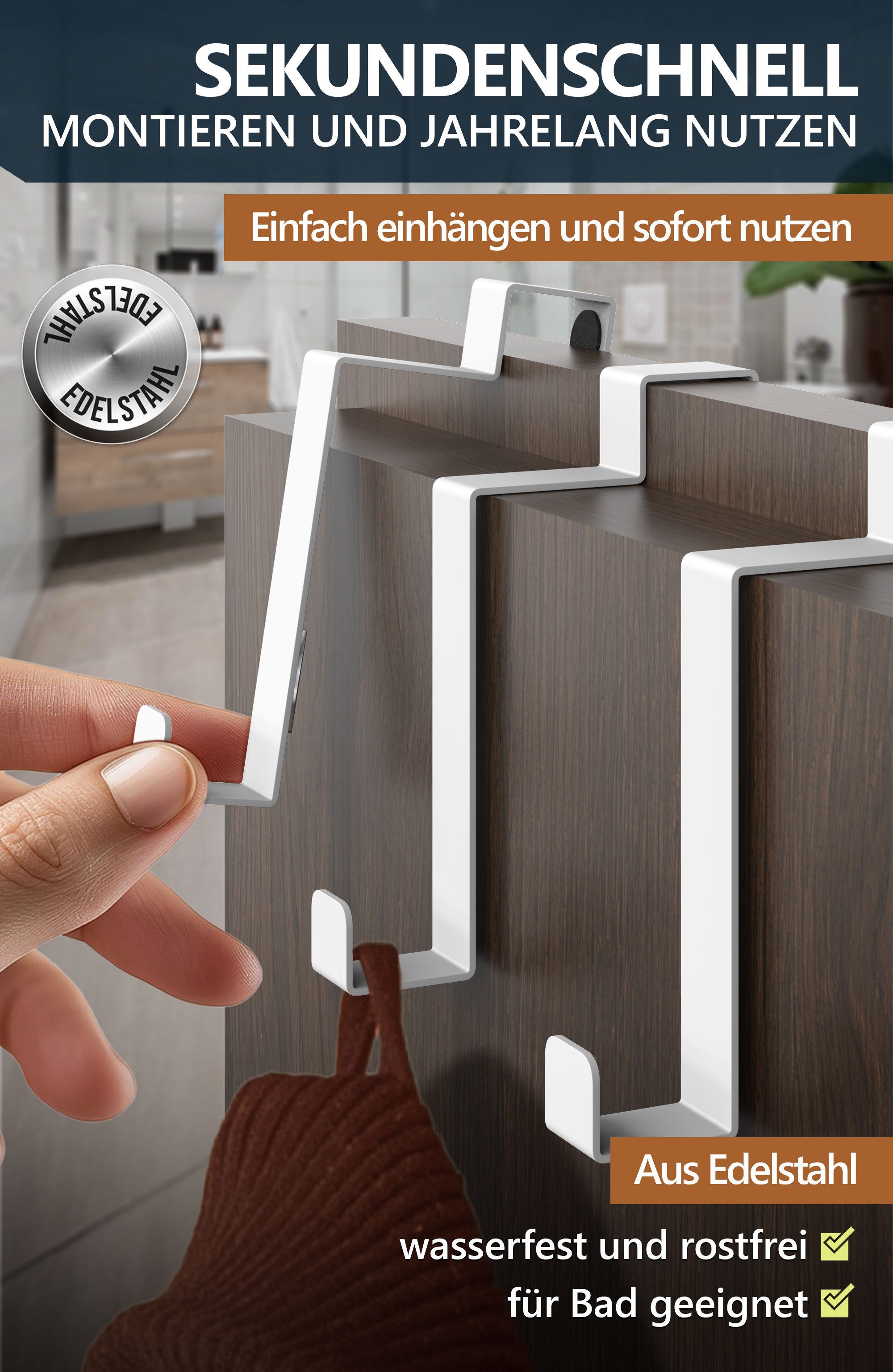 Lindenstein Türhaken Türgarderobe zum Einhängen, Türen, (Packung, 10-St., 10), ohne Bohren,Stabil,langlebig,rostbeständig,verformungsresistent – Bild 5 von 5