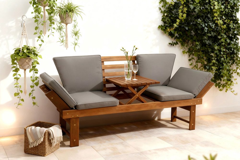 riess-ambiente Gartenbank MODULAR 200cm natur – FSC zertifiziertes Holz, klappbar, mit Tisch (Einzelartikel, 1-St), Outdoor-Sitzbank mit Liegefunktion – ideal für Garten & Terrasse