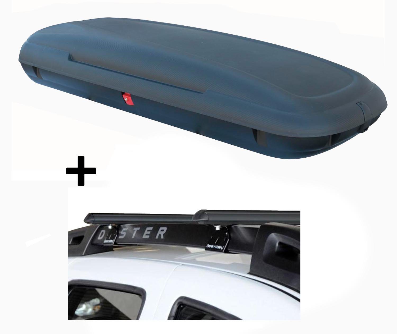 VDP Dachbox, (für Dacia Duster 2014-2017), VDP-CA480 Dachbox 480 Liter Carbon Look abschließbar + Relingträger Quick abschließbar kompatibel mit Dacia Duster 2014-2017 offene Dachreling