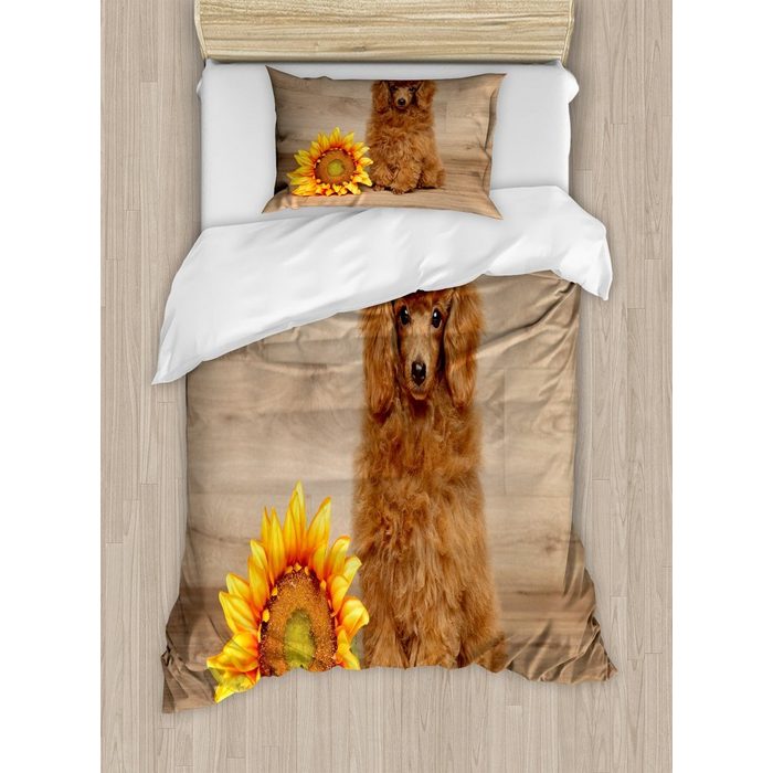 Bettwäsche Top Qualität Weich und Warm 3 Teiligen Bettbezug mit 1 Kissenbezüge Abakuhaus Microfaser Pudel Sonnenblume auf Holz Hintergrund