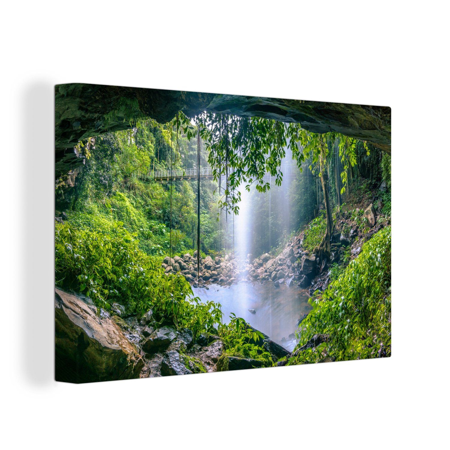 OneMillionCanvasses® Leinwandbild Dschungel - Regenwald - Wasser - Wasserfall - Pflanzen, (1 St), Wandbild Leinwandbilder, Aufhängefertig, Wanddeko, 30x20 cm