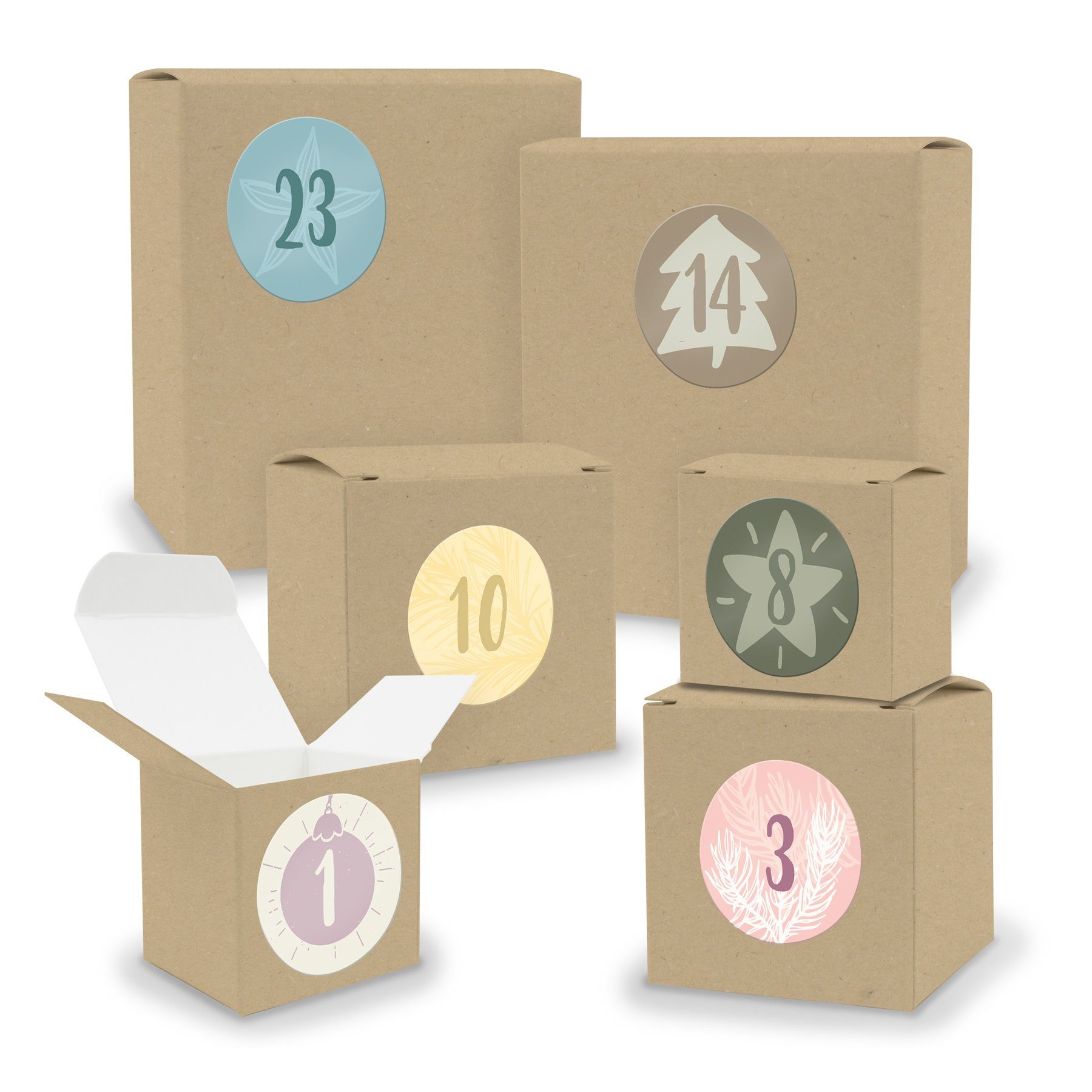 zum itenga Würfel Adventskalender BRAUN + 24x Sticker gemischt Quader befüllbarer Adventskalender Füllen