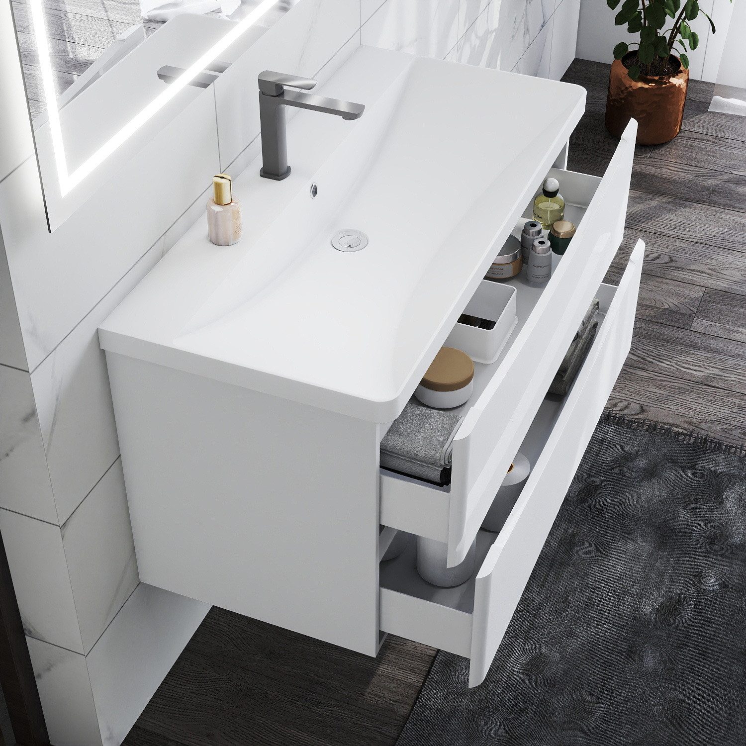 duschspa Waschtisch 50/60/80/100/120 cm Waschbecken mit Unterschrank (Smiley), Hochglanz Weiß/Dunklegrau