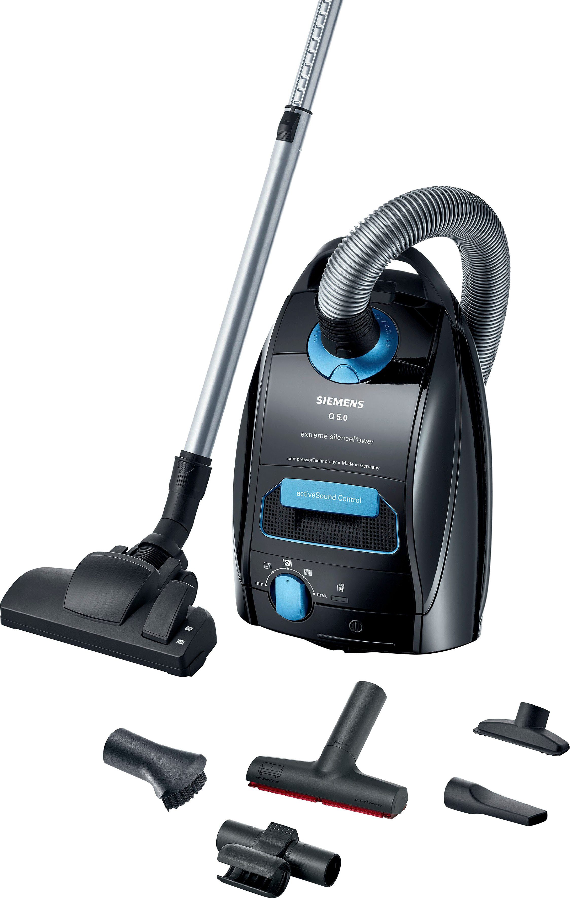 SIEMENS Bodenstaubsauger Q5 extreme silencePower VSQ5X500, ideal für Allergiker, Hygiene-Filter, 650 W, mit Beutel, Starke Saugleistung, XXL-Polsterdüse, langes Kabel, schwarz