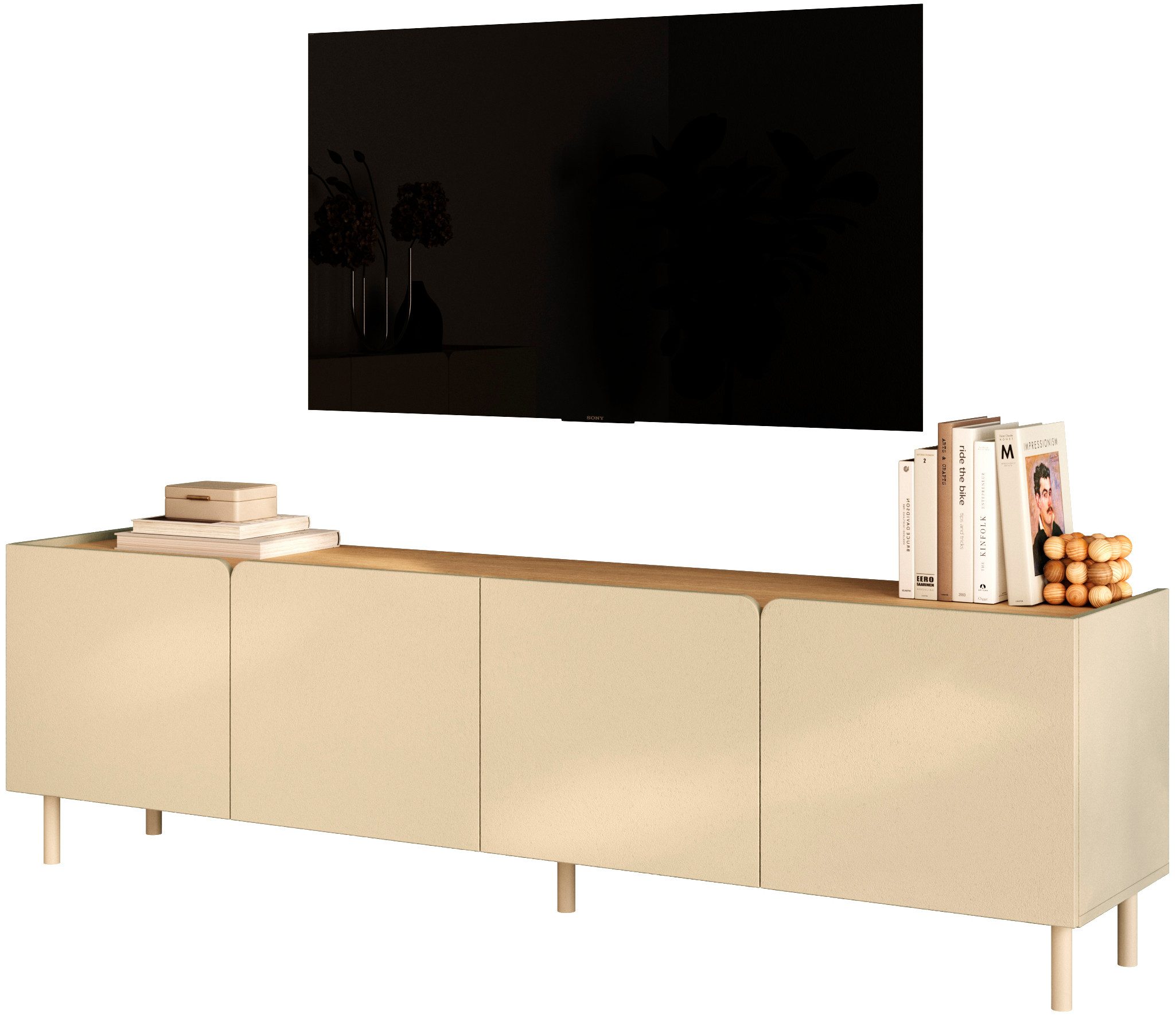 OTTO home Lowboard Dobbiaco, 202 cm breit, 4 Türen, Mediaboard, TV-Schrank, Innenliegendes Top, gerade Metallfüße, Tür mit Rundung