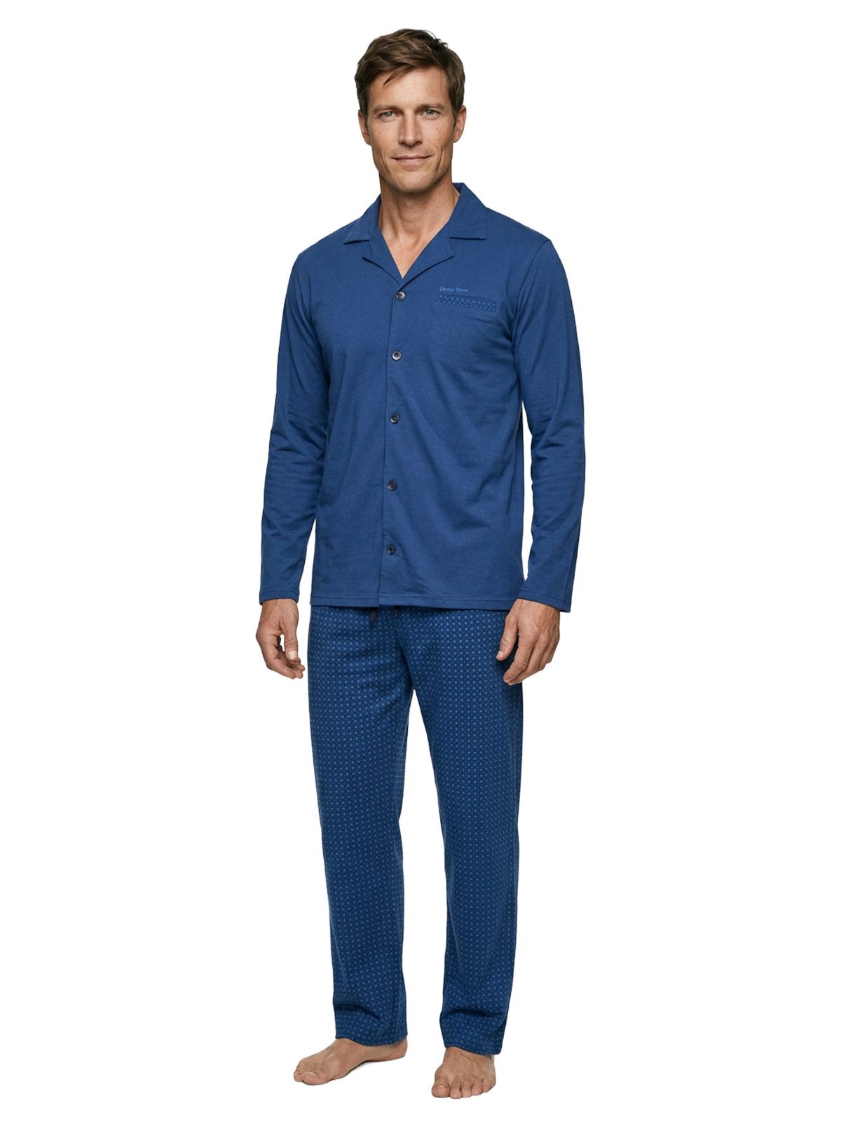 Henry Terre Pyjama Pyjama Set Langarm - Kent Oberteil uni Hose gemustert