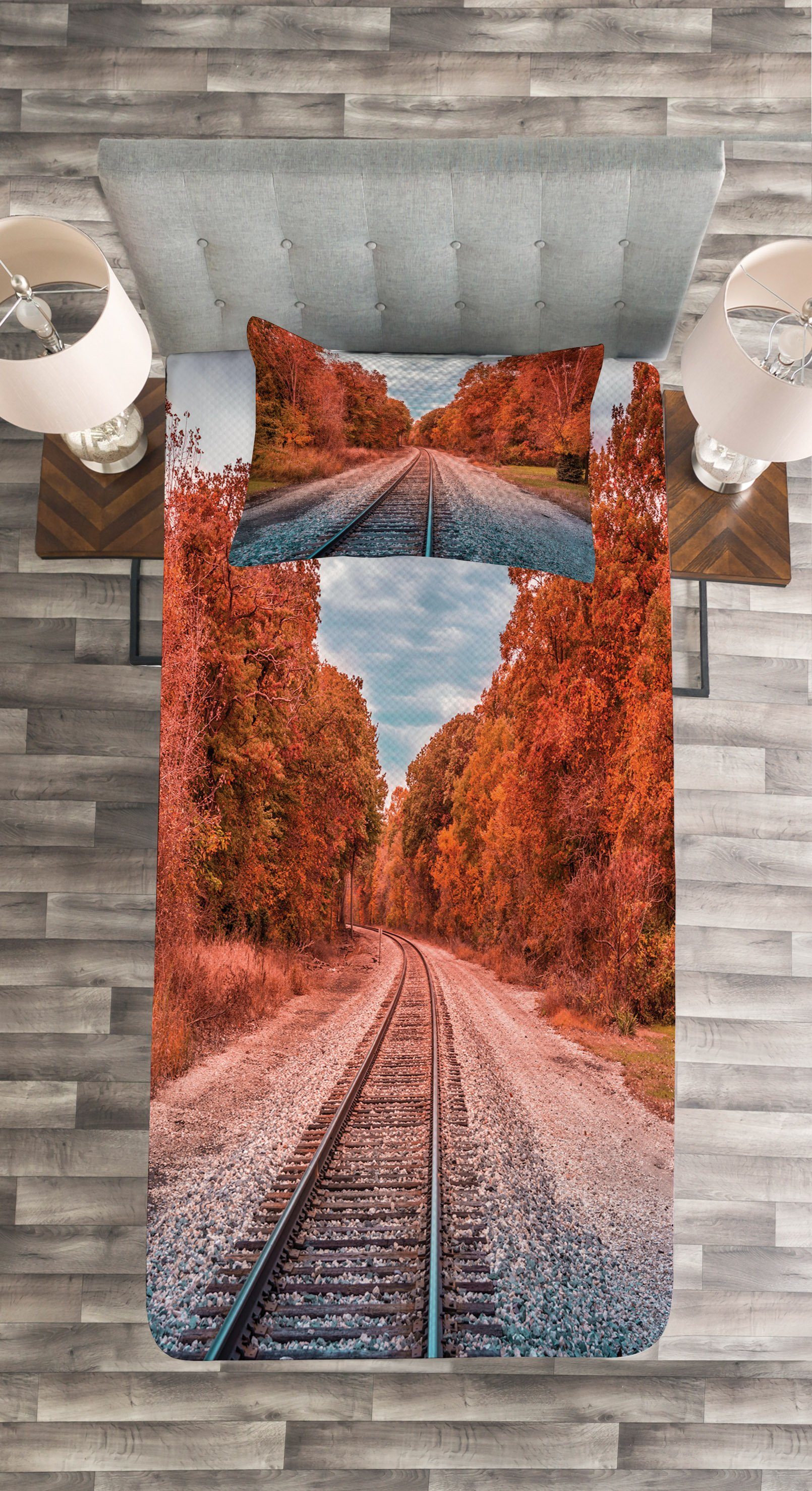 Tagesdecke Set mit Kissenbezügen Waschbar, Landschaft Bäume Herbstliche Red Foto Abakuhaus
