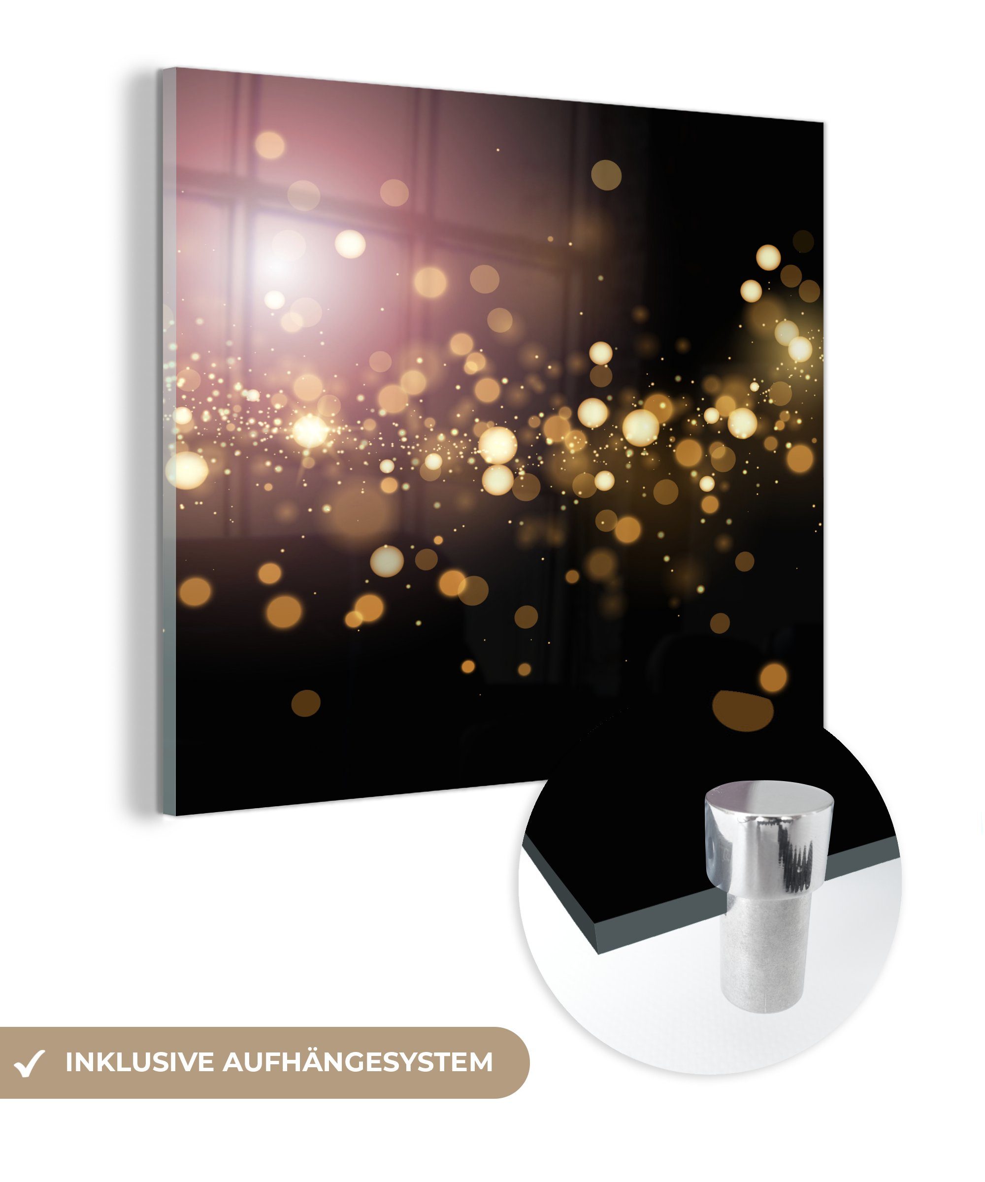 MuchoWow Acrylglasbild Lichteffektkugeln mit goldenem Schimmer, (1 St), Glasbilder - Bilder auf Glas Wandbild - Foto auf Glas - Wanddekoration