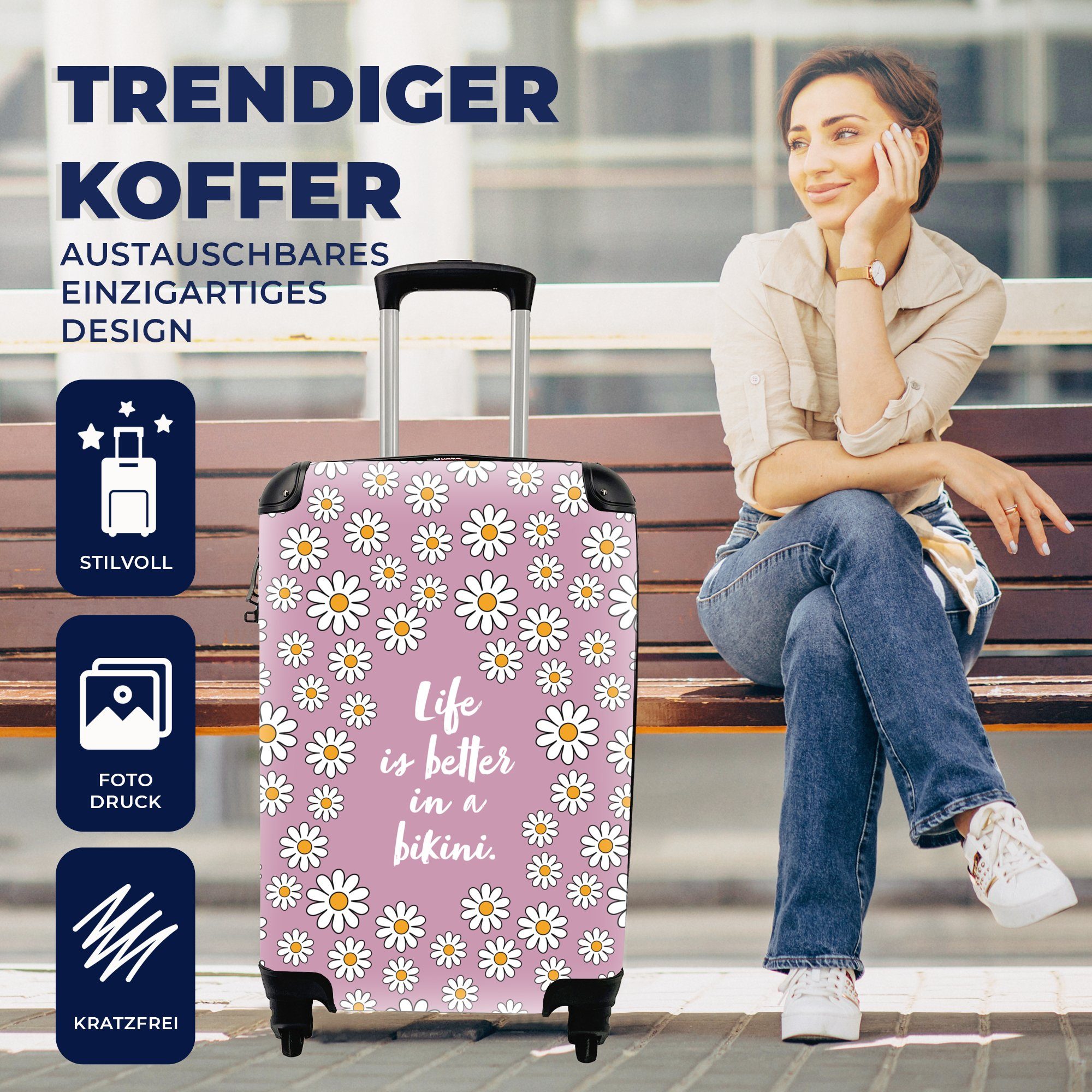 Zitat Das Handgepäck Handgepäckkoffer ist Blumen Trolley, für besser - mit Reisetasche Reisekoffer - rollen, MuchoWow Rollen, Bikini, 4 Rosa im Leben Ferien, -