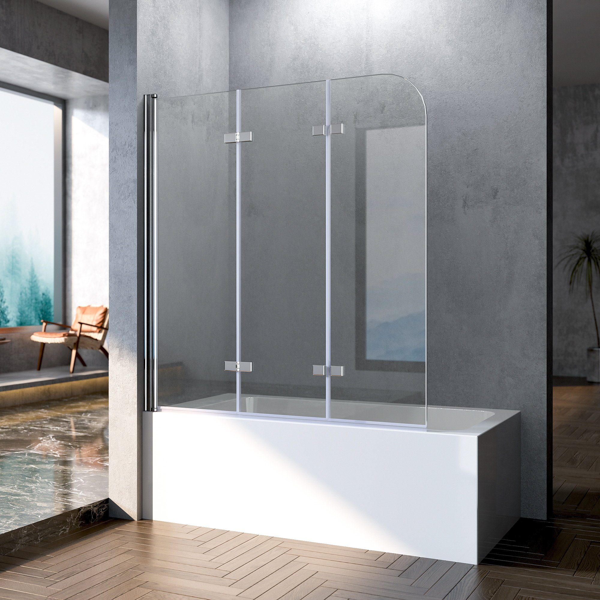 Boromal Badewannenaufsatz Duschwand für Badewanne 3 teilig  Badewannenfaltwand Faltbar 120-130cm, Sicherheitsglas, (3-teilig faltbar, 3- teilig faltbar), Duschtrennwand 6mm ESG Glas, Nano