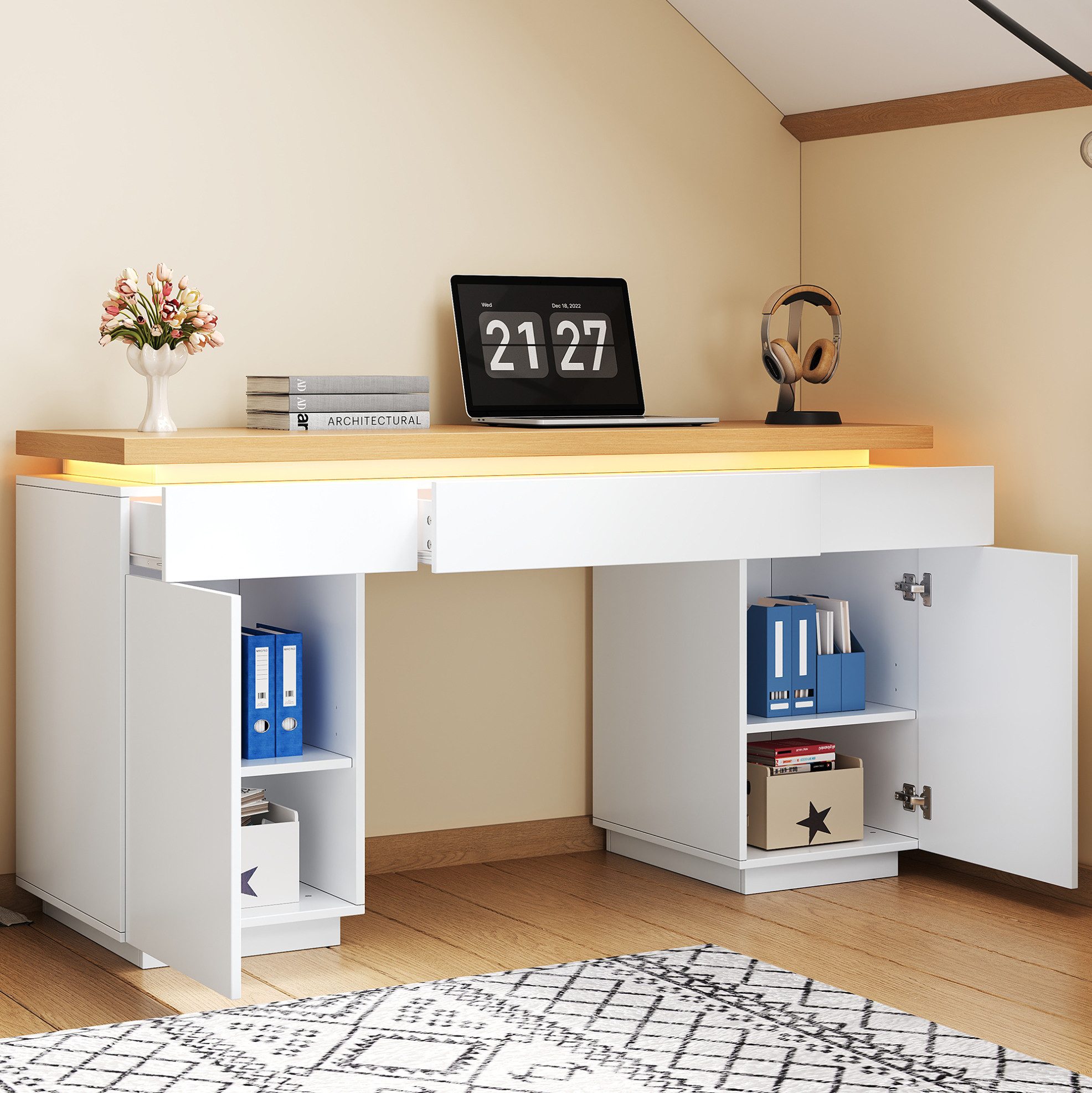 OKWISH Schreibtisch Arbeitstisch mit 3 Schubladen, 2 Türen & LED (Packung, 1-St., Weiß+Eiche, 140×50×78 cm, für Homeoffice & Schlafzimmer), verstellbare Böden, viel Stauraum, stabil