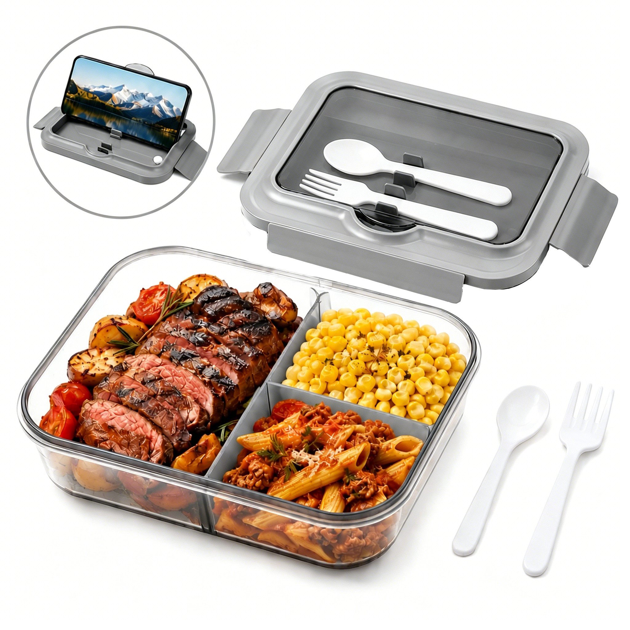 Diwzbyn Lunchbox Lunchbox 1400ml, 3 Fächer, Mit Löffel & Gabel, Auslaufsicher, Mikrowellen- & Spülmaschinengeeignet, Deckel als Handyhalter