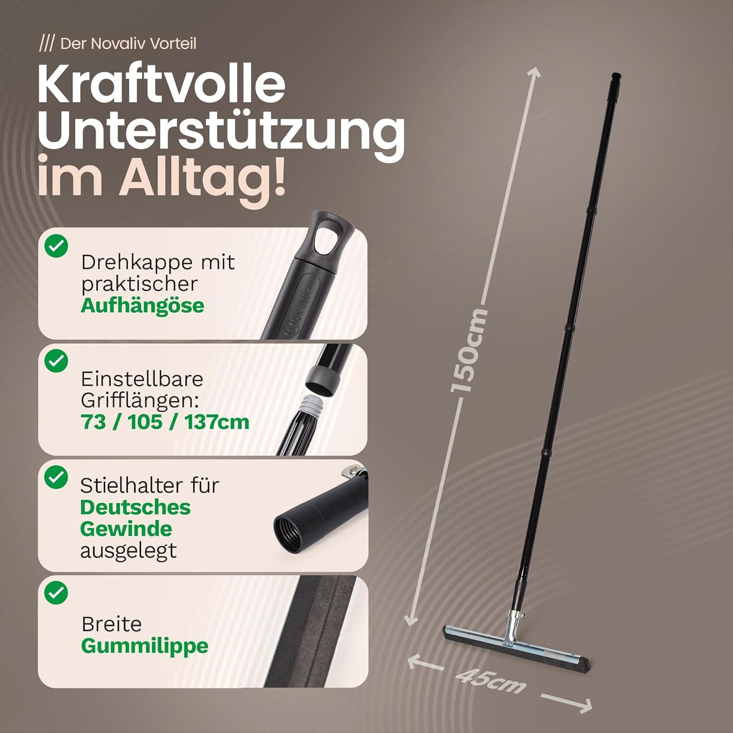 Novaliv Kehrgarnitur 20390-30656-20392-1x, (1-tlg), Novaliv Wasserschieber Bodenabzieher 45cm mit Stiel 137 cm Duschabzieh