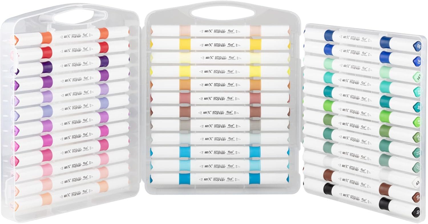 ART-X Marker Acryl Marker Set - 36 Farben, Doppelspitzen, Für Profis & Künstler, (Doppelspitzen-Marker-Set, 36 Farben, doppelseitig mit feiner und breiter Spitze), Wasserbasis; Ungiftig; Schnelltrocknend; Doppelseitig