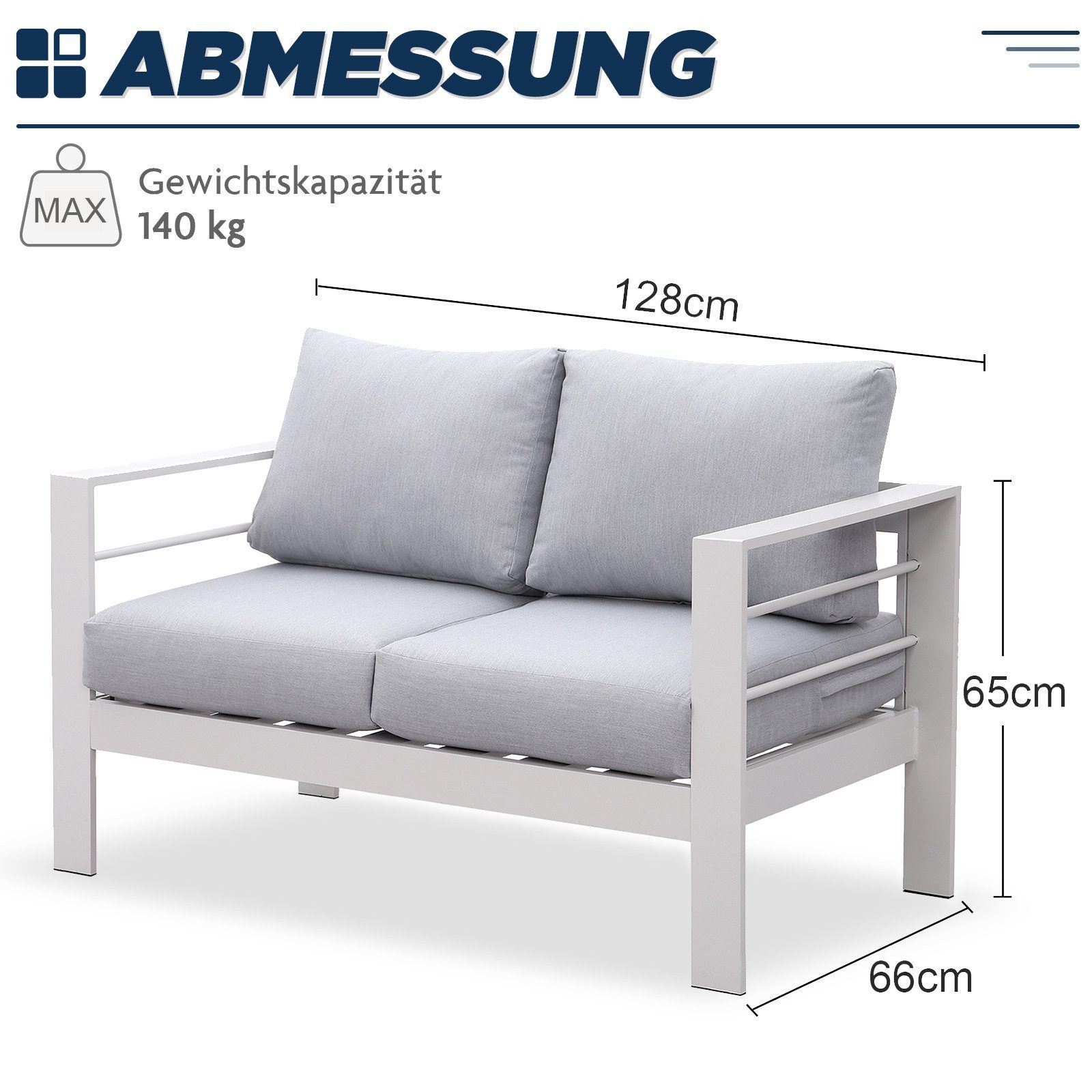 MeXo Loungesofa Gartensofa für Balkon 2 Sitzer Aluminium outdoor wetterfest, weiß, harmonieren mit Licht bei Nacht, Passt zum skandinavischen, mediterranen oder minimalistischen Stil, 12cm Deluxe Relax-Sitzkissen, 128×65×66cm, lounge sofa draußen Alu