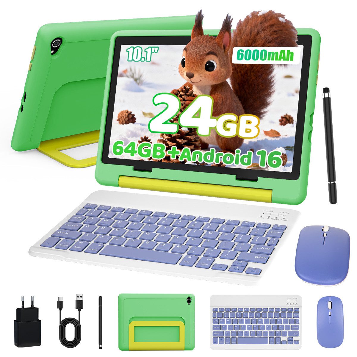 BUFO Android 16 10-Zoll, 24(3+21) GB RAM + 64 GB ROM (TF Expand 1TB) Kinder Tablet (10", 64 GB, Android 16, WiFi 6, mit Tastatur/Maus/Stift, Augenschutz-Tablet mit Eltern-Kontrolle)