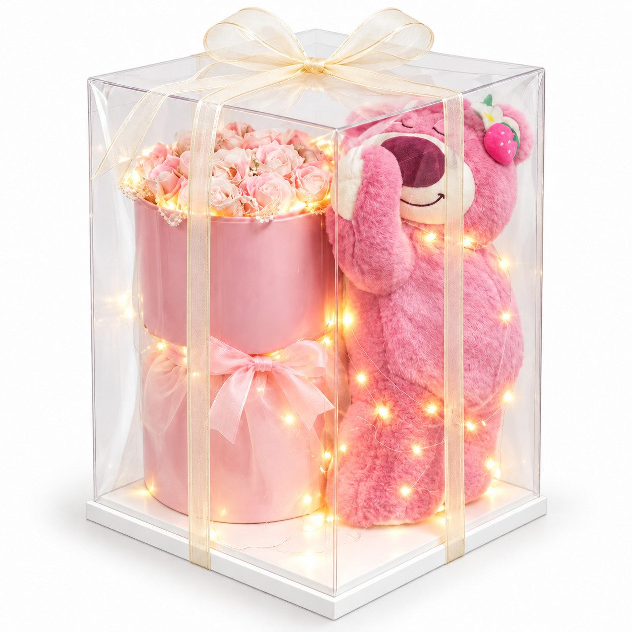 Kunstblume Geschenkbox mit Teddybär, rosa Rosen & LED – Geschenkset für Frauen, Norvéa Home, Teddy, Rosen & LED – Geschenk für Frauen, Geburtstag und Valentinstag