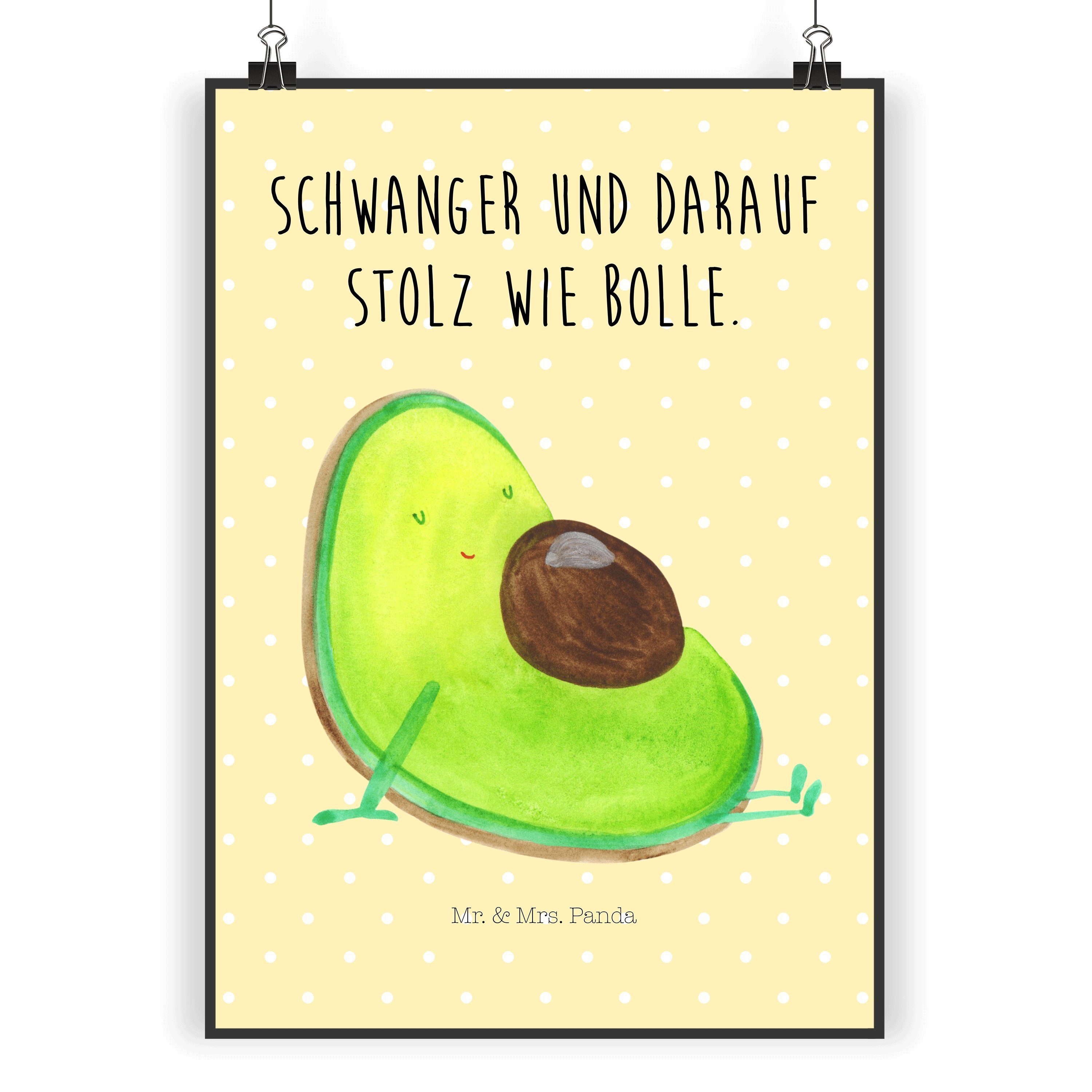 Mr. & Mrs. Panda Poster DIN A5 Avocado schwanger - Gelb Pastell - Geschenk, Veggie, Wanddeko, Avocado schwanger (1 St)