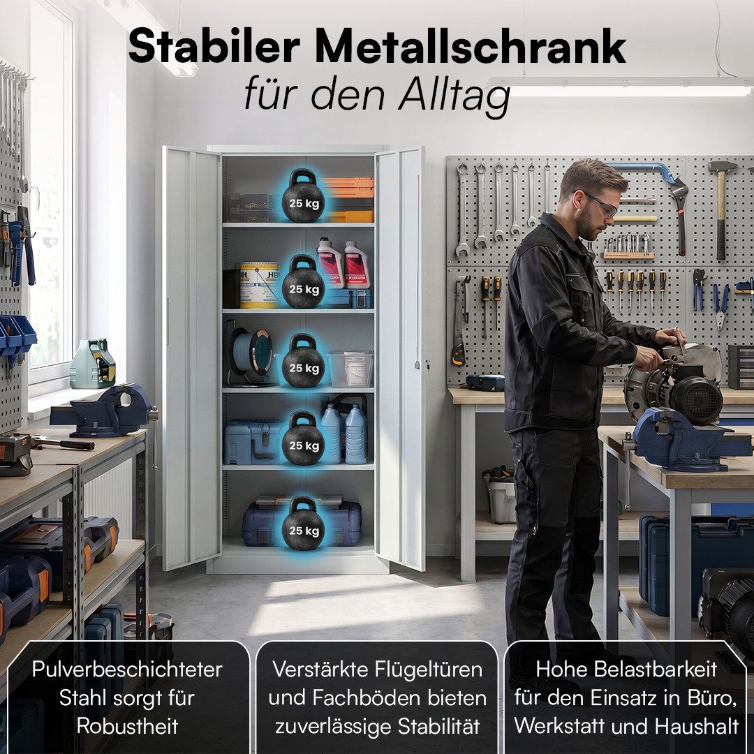 STEELSØN Aktenschrank Regulus aus Stahl, abschließbar mit 2 Schlüsseln (Grau) Spindschrank mit 4 höhenverstellbaren Einlegeböden, 175x40x80 cm – Bild 3 von 5