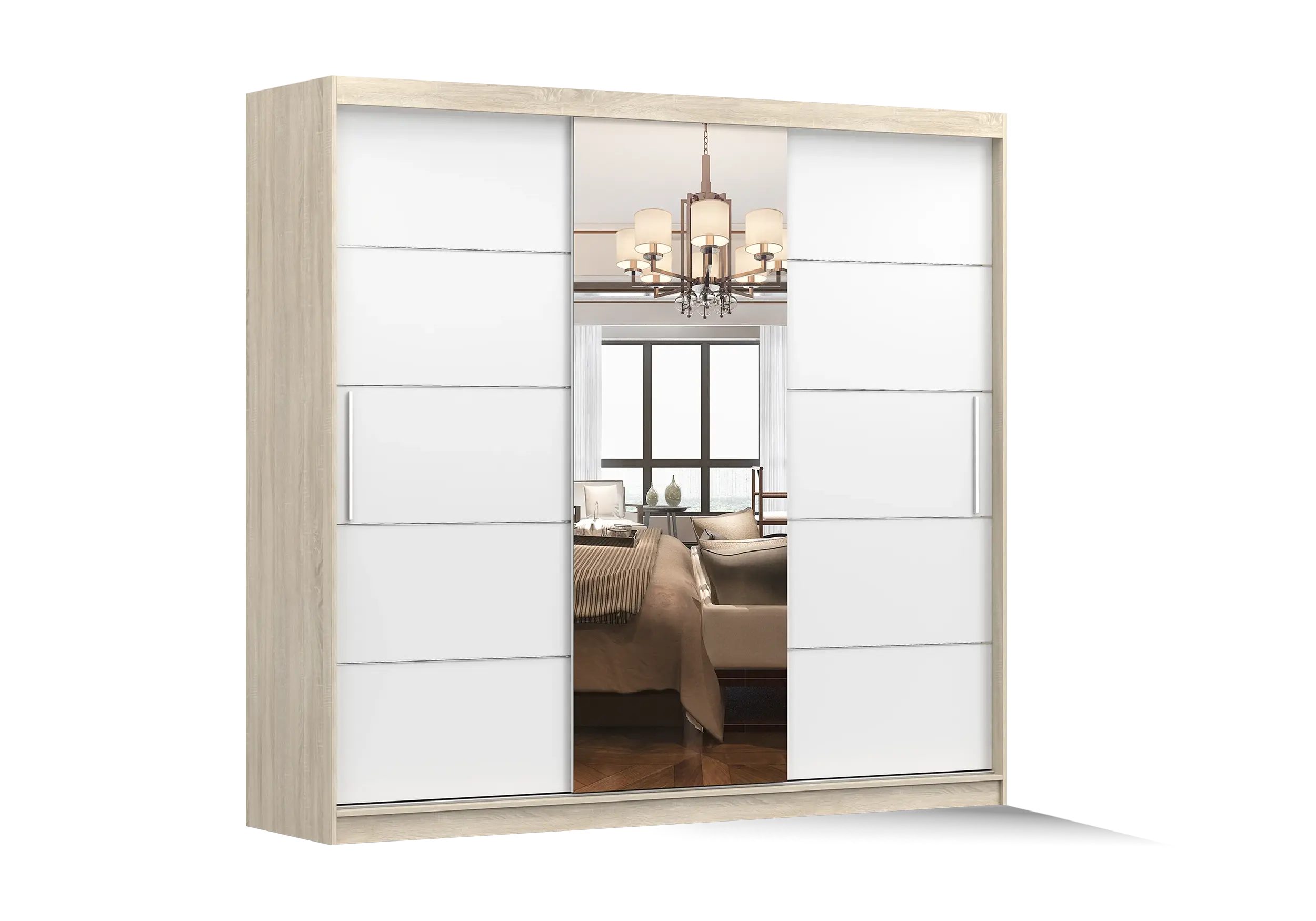 imoebel24 Schwebetürenschrank ASTRA 233 cm - Sonoma / Weiss Matt günstig online kaufen