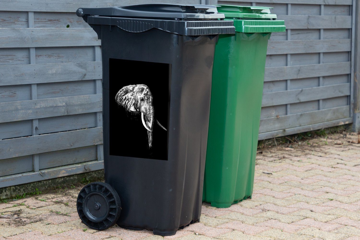 und Illustration Elefant MuchoWow (1 Sticker, - schwarzem Mülleimer-aufkleber, Hintergrund weiß vor Wandsticker schwarz Abfalbehälter St), Container, Mülltonne,