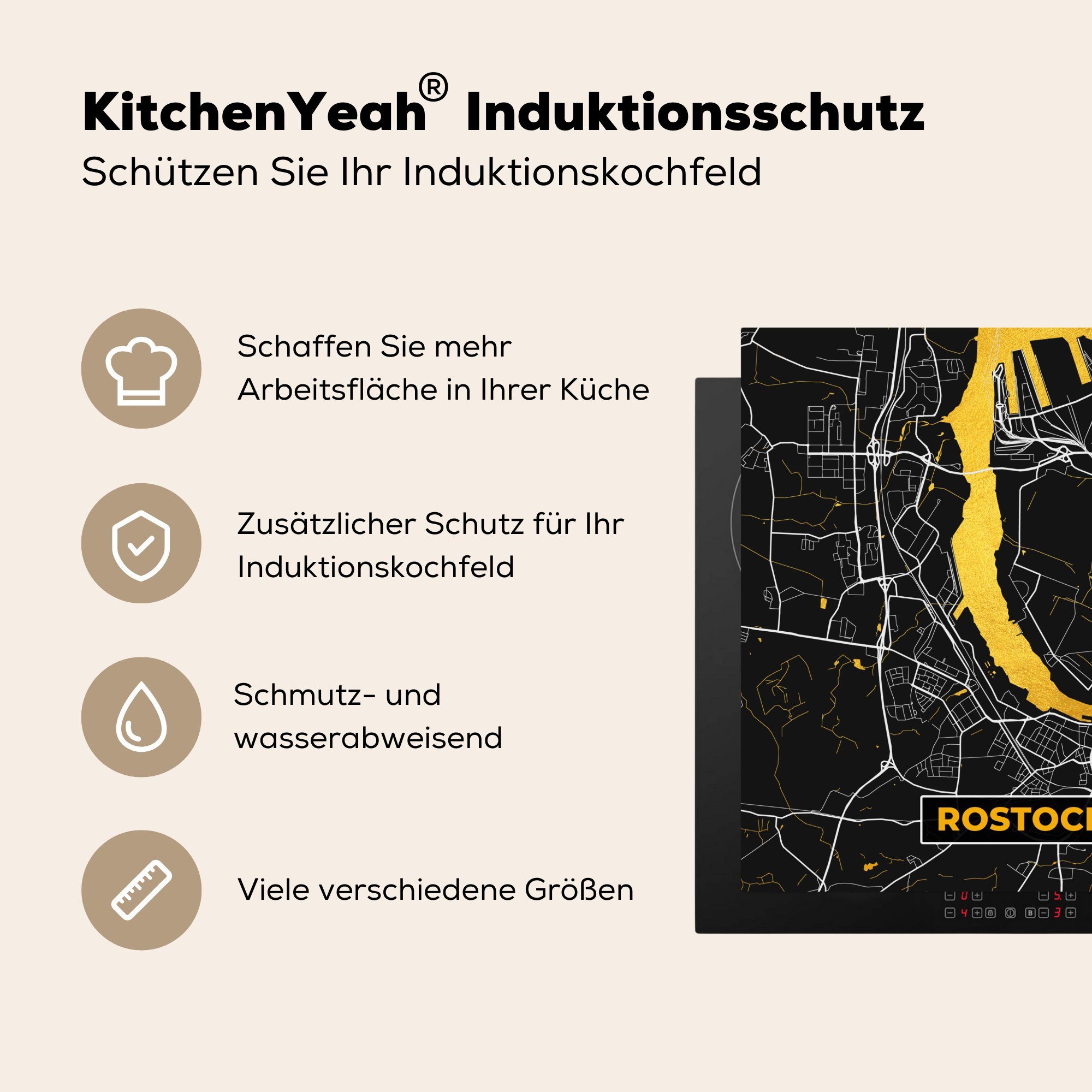MuchoWow Herdblende-/Abdeckplatte Rostock - Stadtplan - Vinyl, (1 tlg), Ceranfeldabdeckung, Arbeitsplatte cm, 78x78 - küche Karte für Deutschland, - Gold