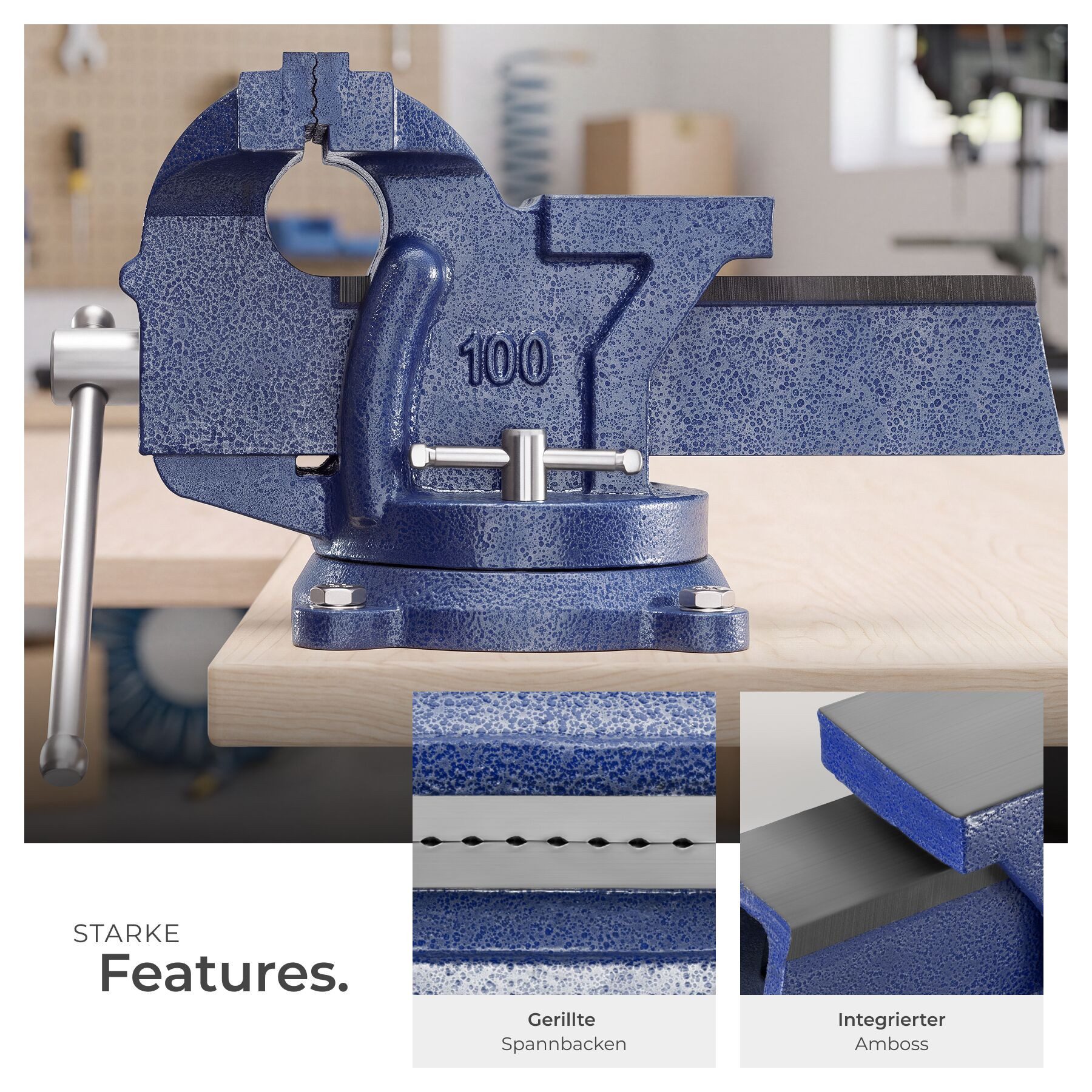 tectake Schraubstock Spannstock aus Gusseisen mit Amboss, 360° drehbar, 3 Anschraublöcher, Werkbankspanner, in blau, 2 Arretierungsschrauben und austauschbare S – Bild 4 von 5