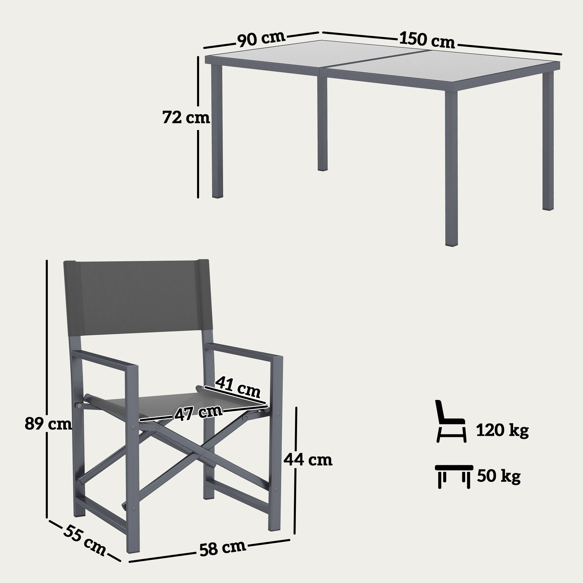 Outsunny Garten-Essgruppe für 4 Personen, mit 4 klappbar Stühlen, Glastisch, (Gartenmöbel-Set aus Stahl, 5-tlg., Sitzgruppe), für Terrasse, Balkon Grau