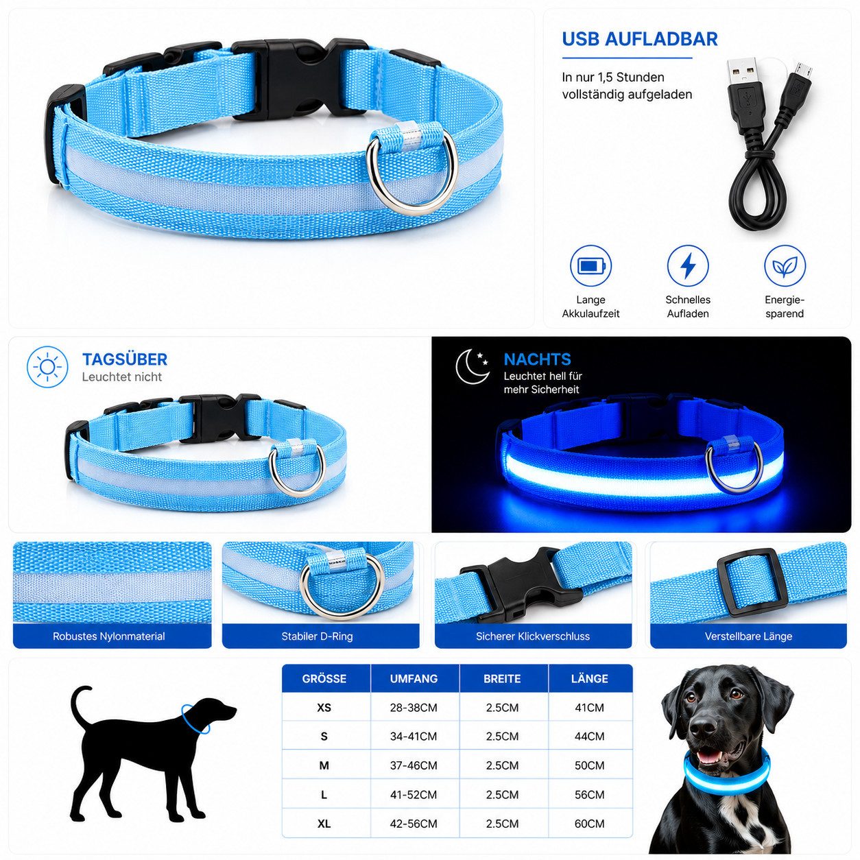 FroShop Hundehalsbandleuchte LED Hundehalsband USB aufladbar (S/M/L/XL) Leuchthalsband Nylon, LED fest integriert, verschiedene Farben, Akku Halsband reflektierend verstellbar Blinkhalsband für Hunde