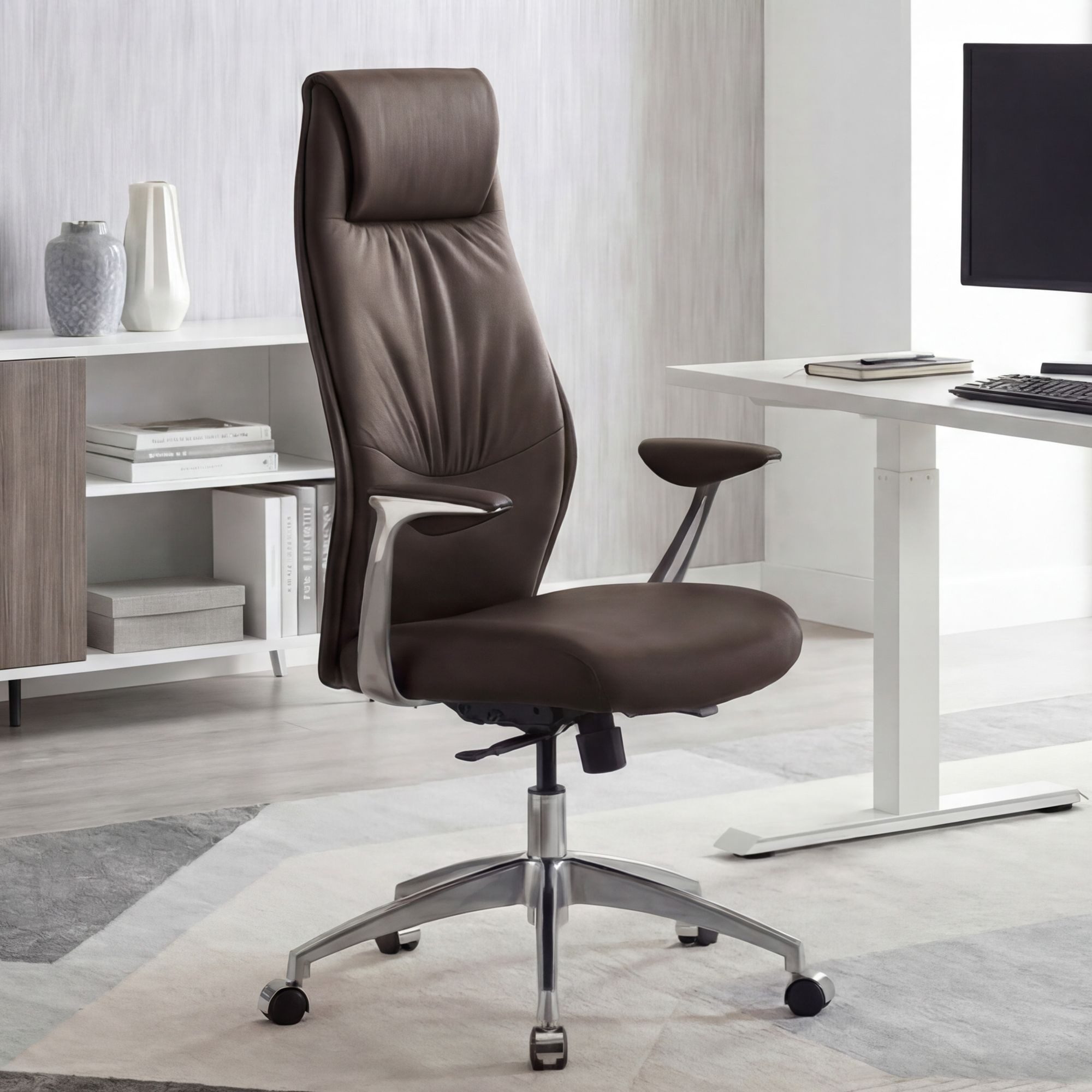 FINEBUY Chefsessel Bürostuhl Echt-Leder Schreibtischstuhl Drehstuhl 120KG (Bürostuhl Synchronmechanik Chefsessel Kopfstütze), Echtleder Braun Schreibtischstuhl XXL 120kg