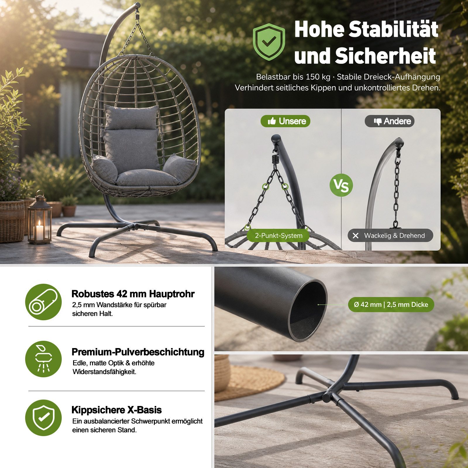 Sekey Hängesessel mit Gestell Hängekorb Sessel Rattan klappbarer Hängestuhl als Schaukel, Outdoor und Indoor Garten, Balkon bis 150 kg belastbar mit Kissen – Bild 5 von 5