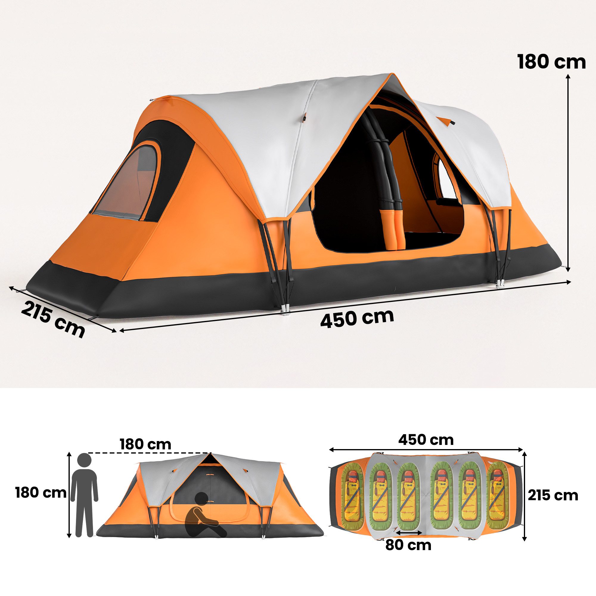 Outsunny Tunnelzelt Campingzelt mit Lichthaken, Meshfenster, 2 Räumen, Personen: 3 (Familienzelt mit Tragetasche, Wasserabweisend, 1 tlg., Gruppenzelt für Camping, Garten), Orange