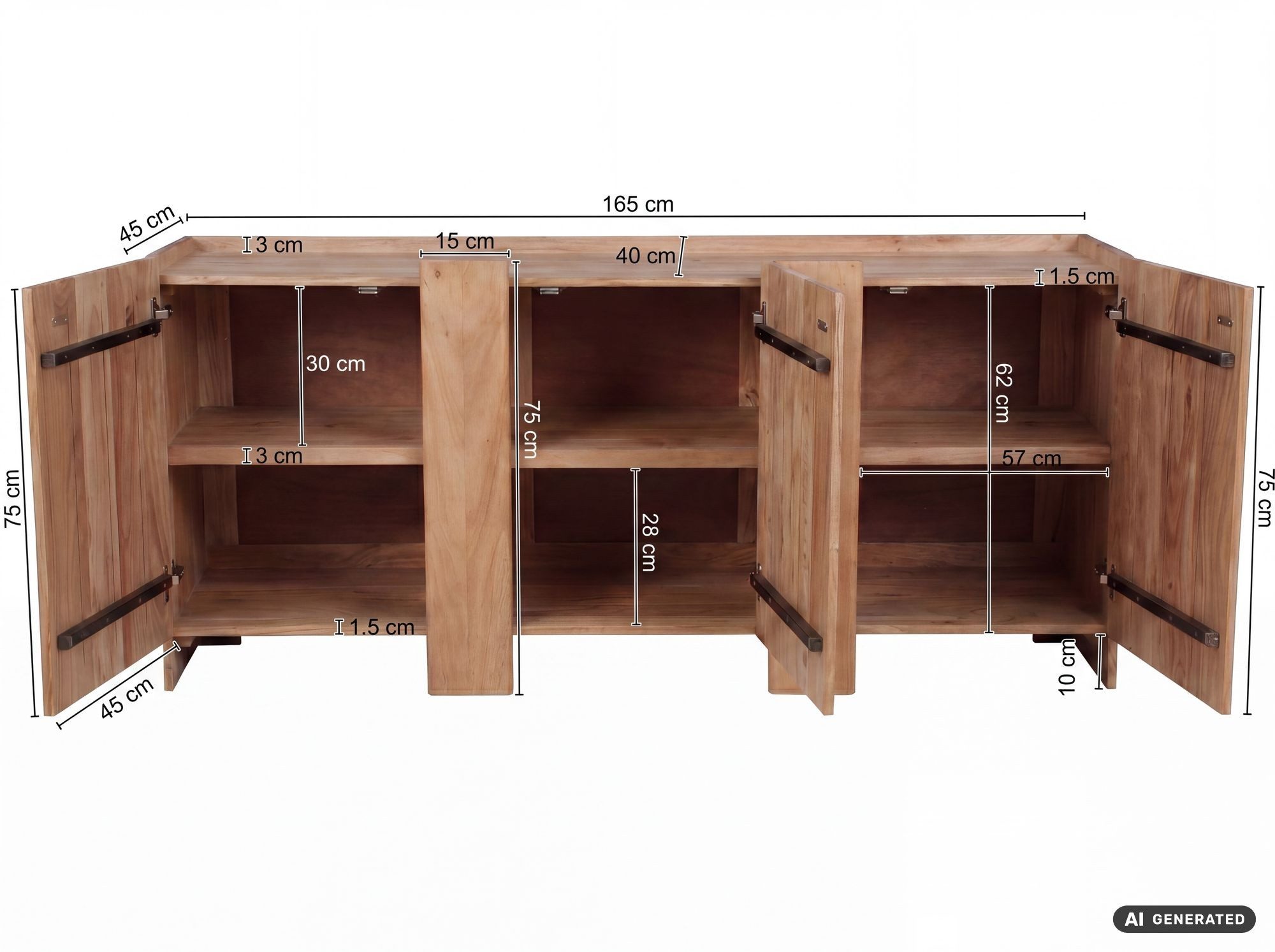 FINEBUY Sideboard FB119495 Anrichte 165cm Wohnzimmer Schrank Esszimmer Groß Modern (Massive Kommode aus Akazienholz mit 3 Türen), Braune Holzkommode mit 6 Fäche – Bild 3 von 5