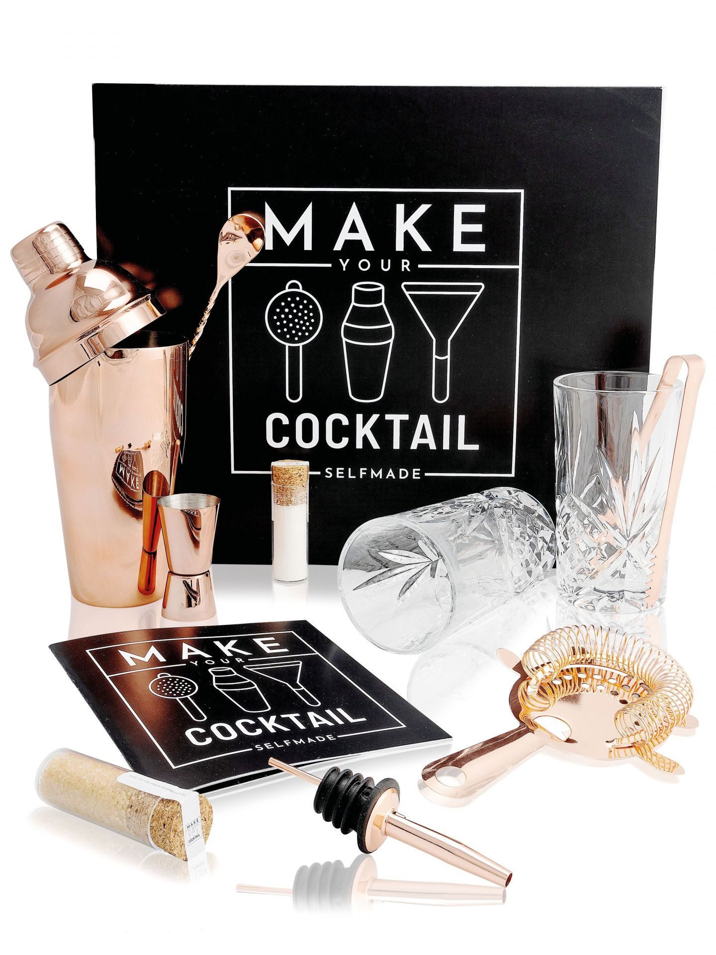 Mixcompany Geschenkbox MAKE YOUR COCKTAIL 12 Teiliges Barset mit 6 Bartools + 2 Kristall Lon
