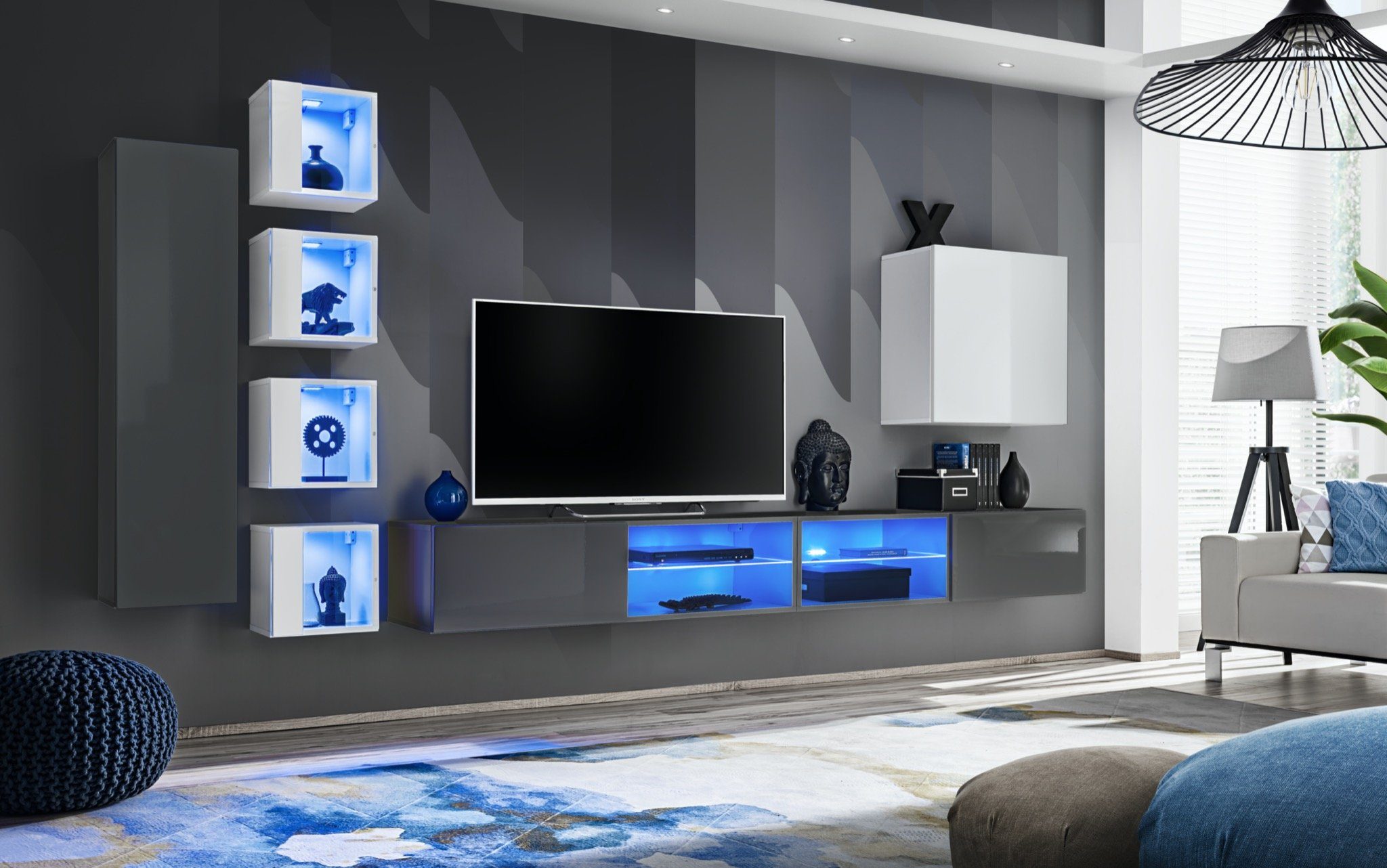 Wohnwand beleuchtet Einrichtung 6x Wohnwand Set TV JVmoebel + Ständer Wandschrank), Luxus Schrank Wand LED (8-St., Regale Grau 2x 8tlg,