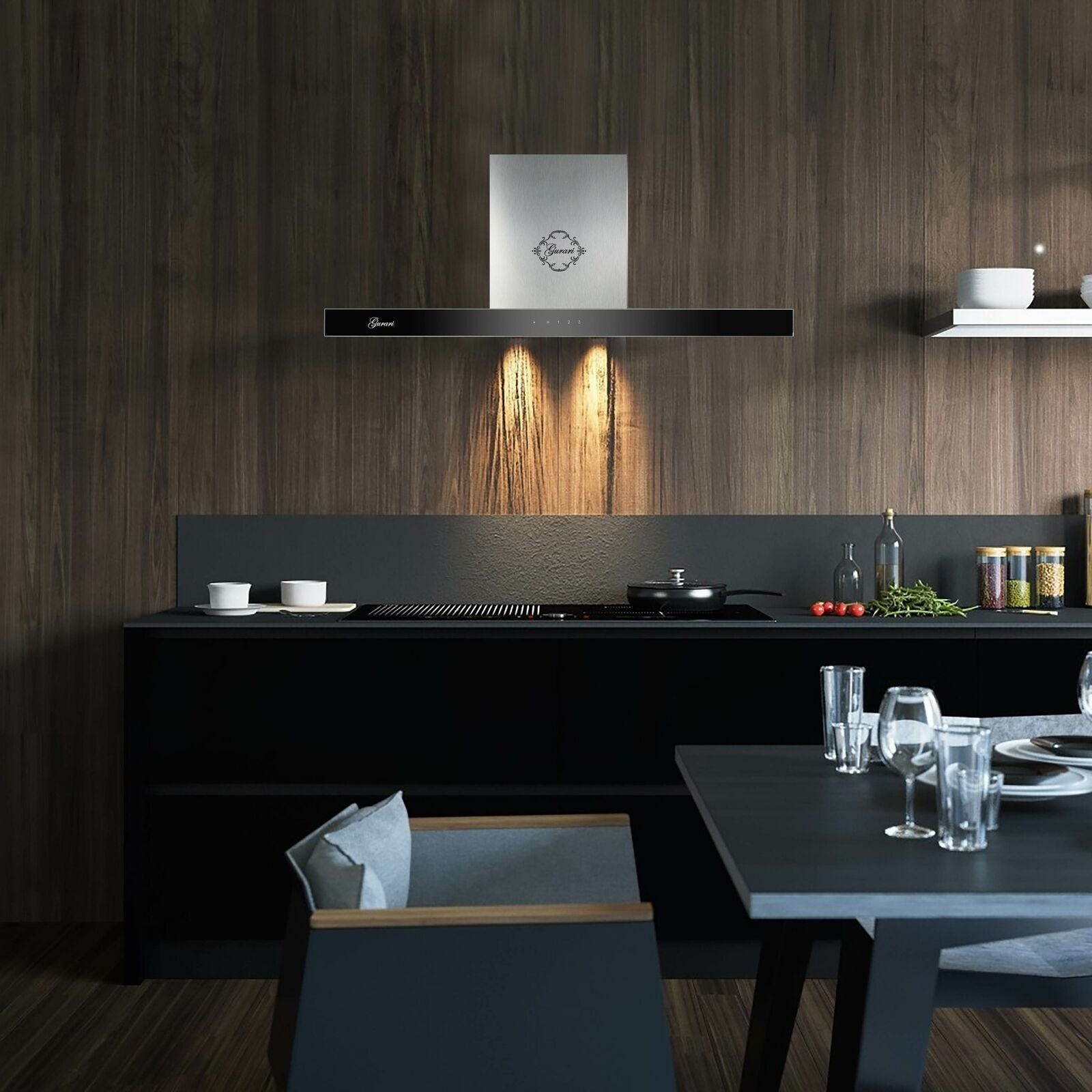 GURARI Wandhaube GCH 462 IS 9 Prime Wandmontage Dunstabzugshaube 90 cm Edelstahl Glas GCH 462 IS 9 Prime Wandmontage Dunstabzugshaube 90 cm Edelstahl Glas, Dunstabzugshaube 90cm, Schwarz Glas,Edelstahl