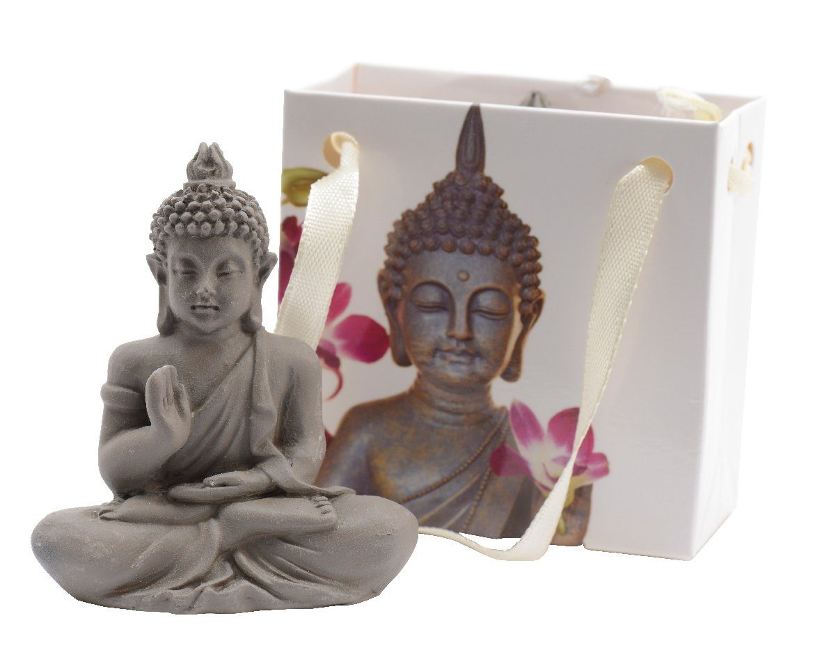 Decoris season decorations Buddhafigur, Buddha Figur sitzend 5cm Keramik grau / braun in Mini Geschenktüte