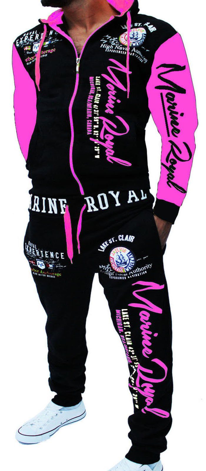 Jaylvis Jogginganzug Marine Royal Herren Trainingsanzug Sportanzug Streetwear Fitness, Jacke mit Kapuze Schwarz-Pink