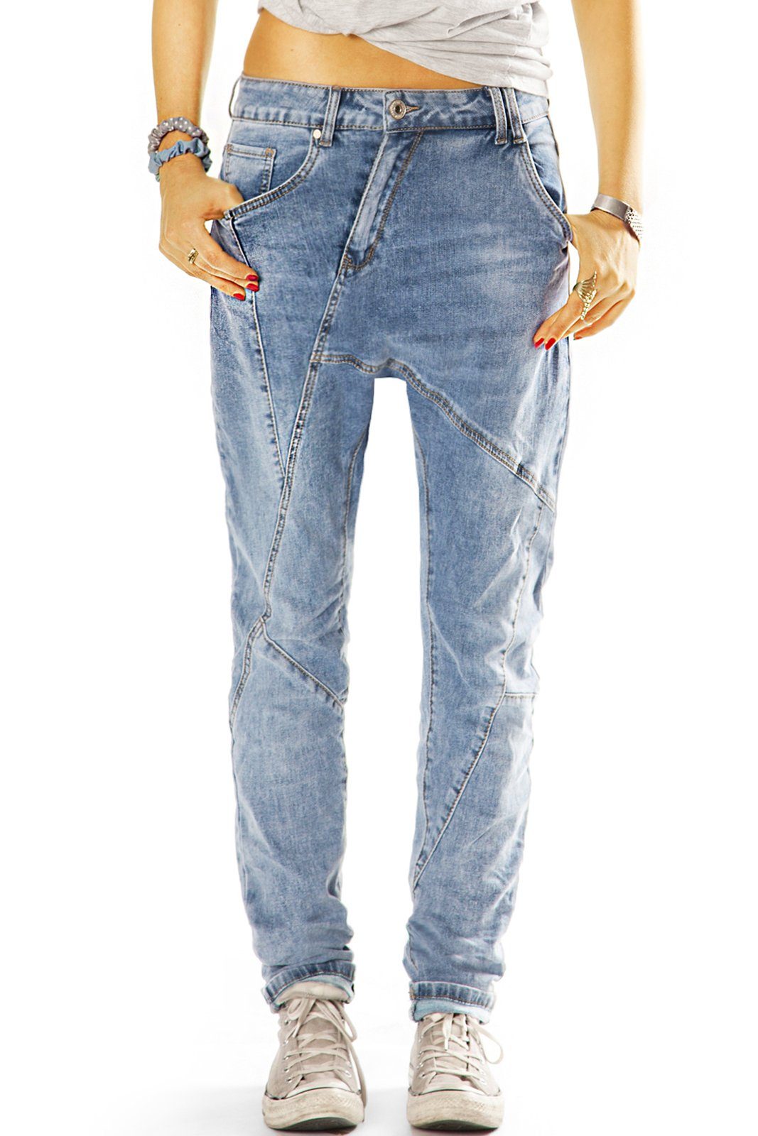 j11L Damen - Fit Baggy styled Loose-fit-Jeans Jeanshose Stretch-Anteil, Loose Jeans Low 5-Pocket-Style mit Waist - be