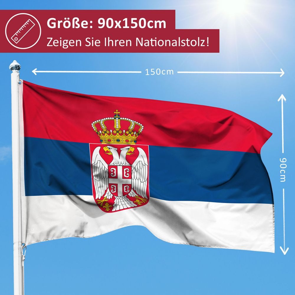 PHENO FLAGS Flagge Serbien Flagge 90 x 150 cm Serbia Serbische Fahne Nationalflagge (Hissflagge für Fahnenmast), Inkl. 2 Messing Ösen
