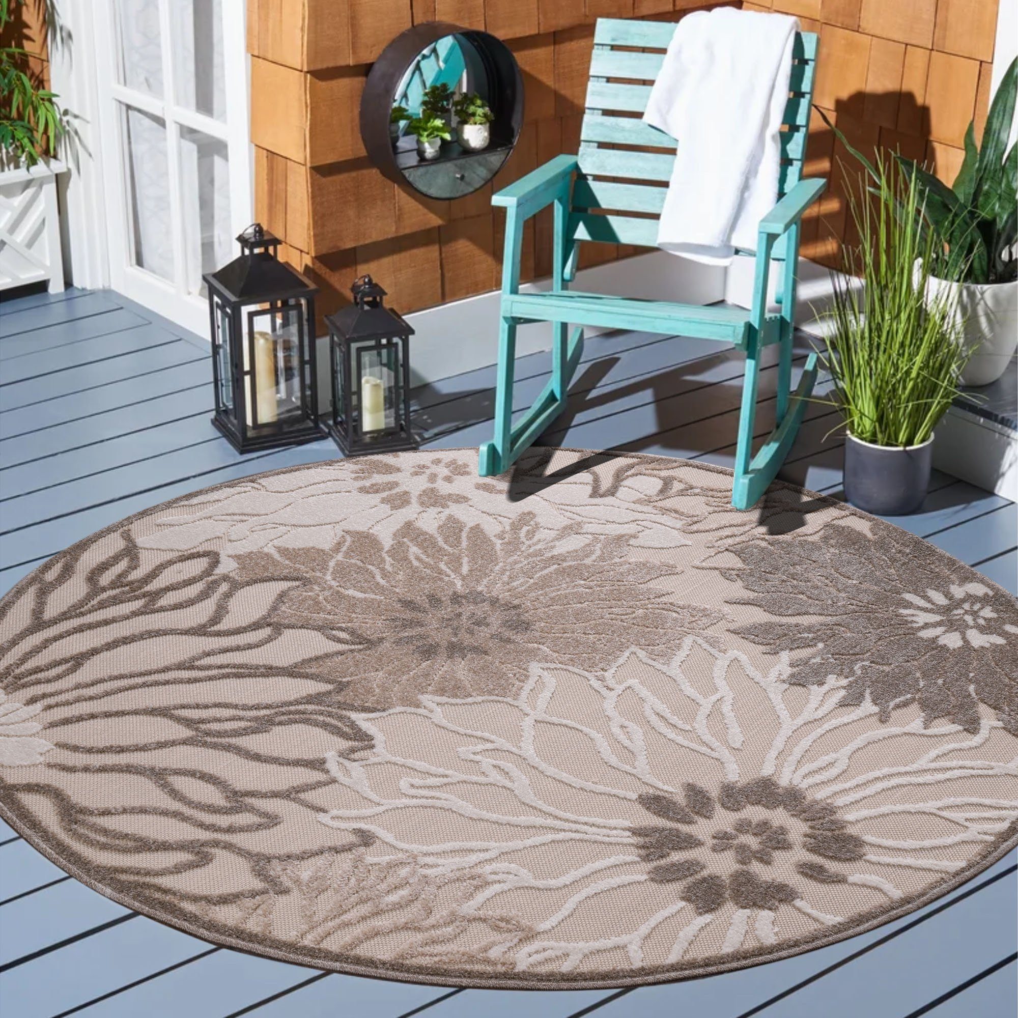 Sanat, Teppich In- Design, 2, Outdoor florales mm, Balkon, Terasse Höhe: Floral geeignet, rund, und 6 beige