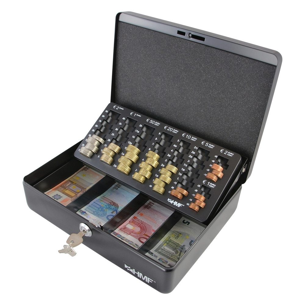 HMF Geldkassette abschließbare Bargeldkasse mit EURO-Münzzählbrett und Scheinfach, hochwertige Geldzählkassette mit Schlüssel, 30 x 24 x 9 cm, schwarz