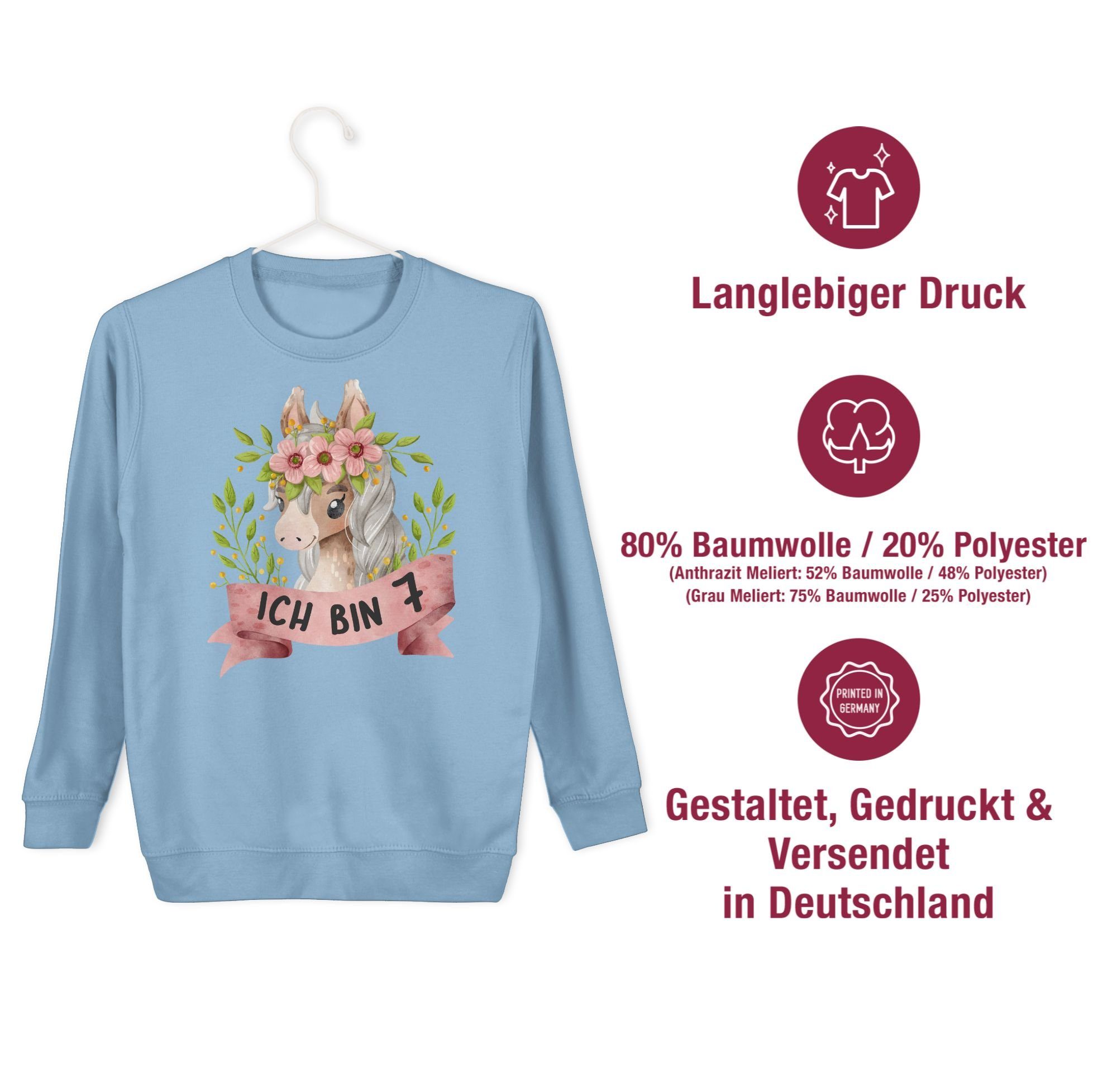 bin Pferd Ich 7. süßem Blumen Geburtstag 2 Shirtracer mit sieben Hellblau mit Sweatshirt