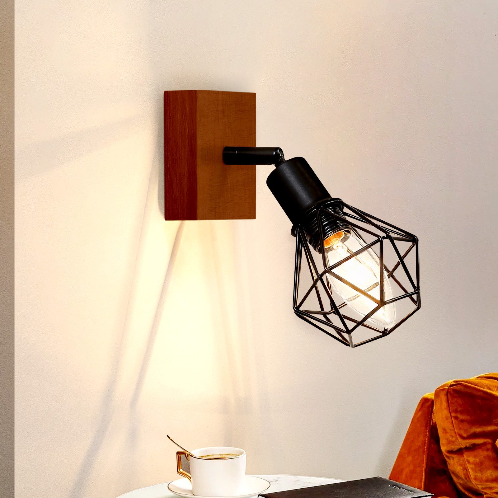 Nettlife Wandstrahler Deckenstrahler Schwarz Deckenspot Holz E14, Schwenkbar 350°, LED wechselbar, Wohnzimmer Flur Schlafzimmer