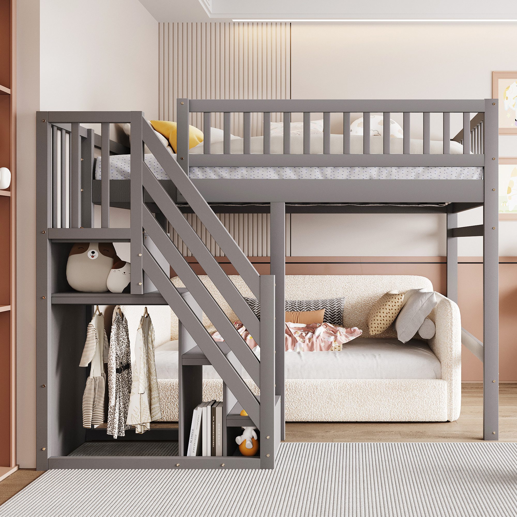 Flieks Hochbett Massivholz Doppelbett Kinderbett 140x200cm mit Stauraumtreppe