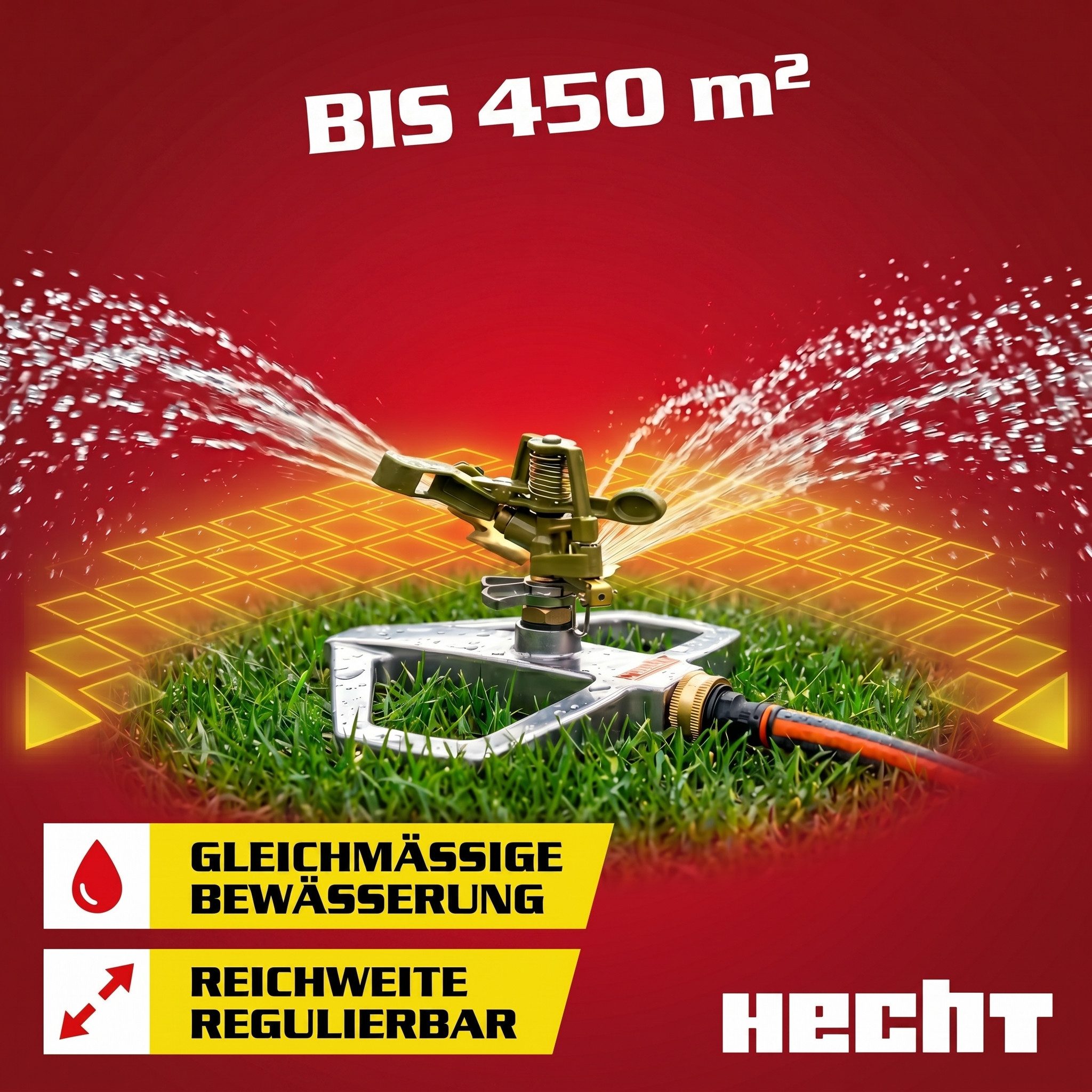 Hecht Kreisregner Impulsregner 06043 bis 450 m², für Flächen bis 450 m², sicherer Standfuß, 0 - 360° schwenkbar
