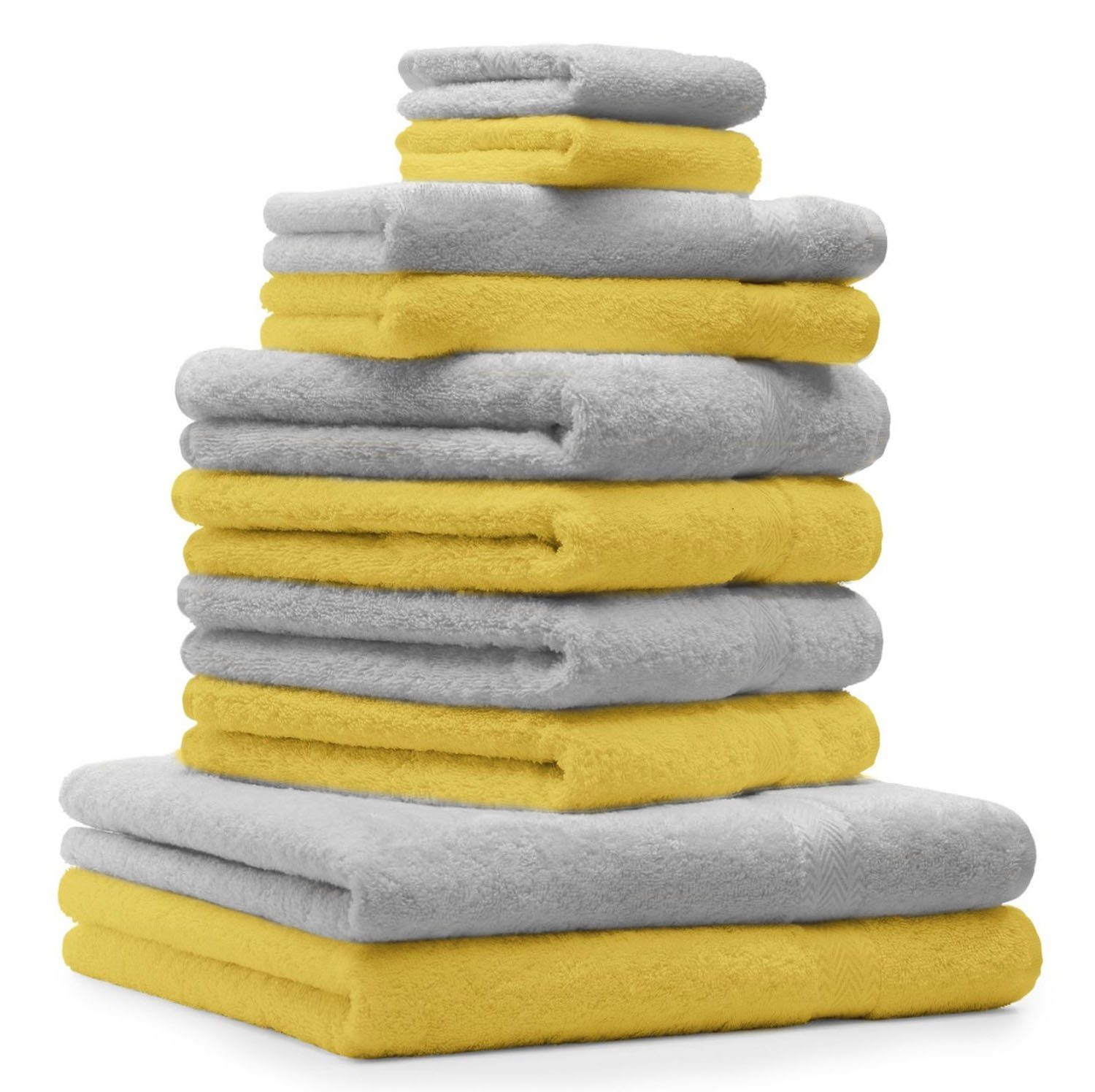 Betz Handtuch Set 10-TLG. Handtuch-Set Premium 100% Baumwolle 2 Duschtücher 4 Handtücher 2 Gästetücher 2 Waschhandschuhe Farbe Silber Grau & Gelb, 100% Baumwolle