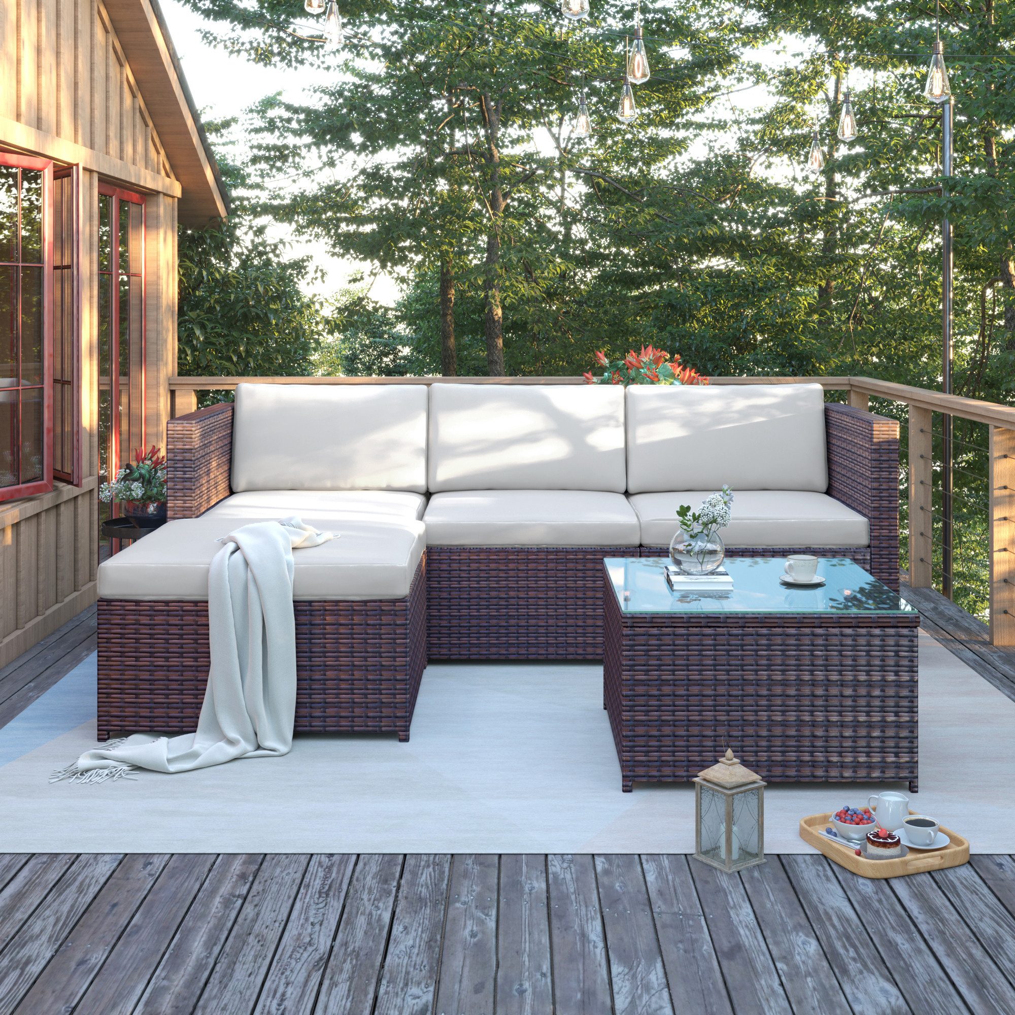 REDOM Gartenlounge-Set Garten Lounge Set Sitzgruppe Gartenmöbel Ecksofa + Couchtisch Outdoor, (Loungeset Balkonset ohne Sonnenschirm, Polyrattan Lounge-Sofagarnitur mit Sitz- und Rückenkissen 7 Stücke), Tisch mit Glasplatte Set für 3-4 Personen Rasen Terrasse Balkon Strand