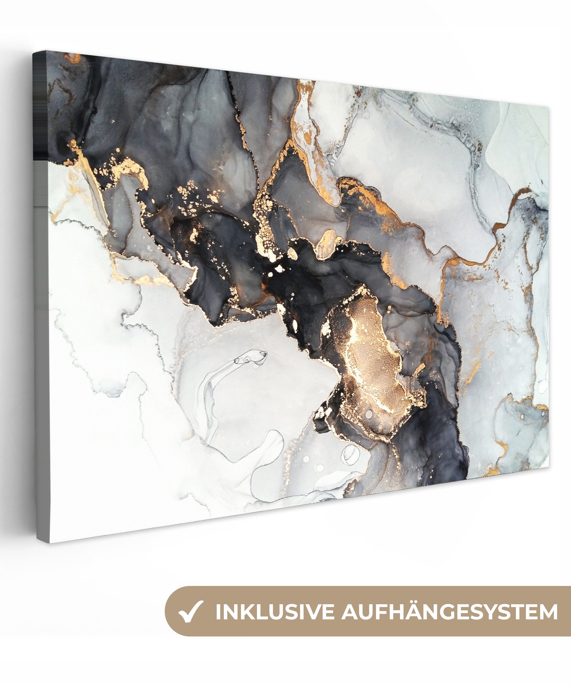 OneMillionCanvasses® Leinwandbild Marmor - Schwarz - Weiß - Gold - Luxus - Abstrakt, Fotodruck (1 St), Leinwände Wanddeko Wohnzimmer Schlafzimmer 60x40 cm